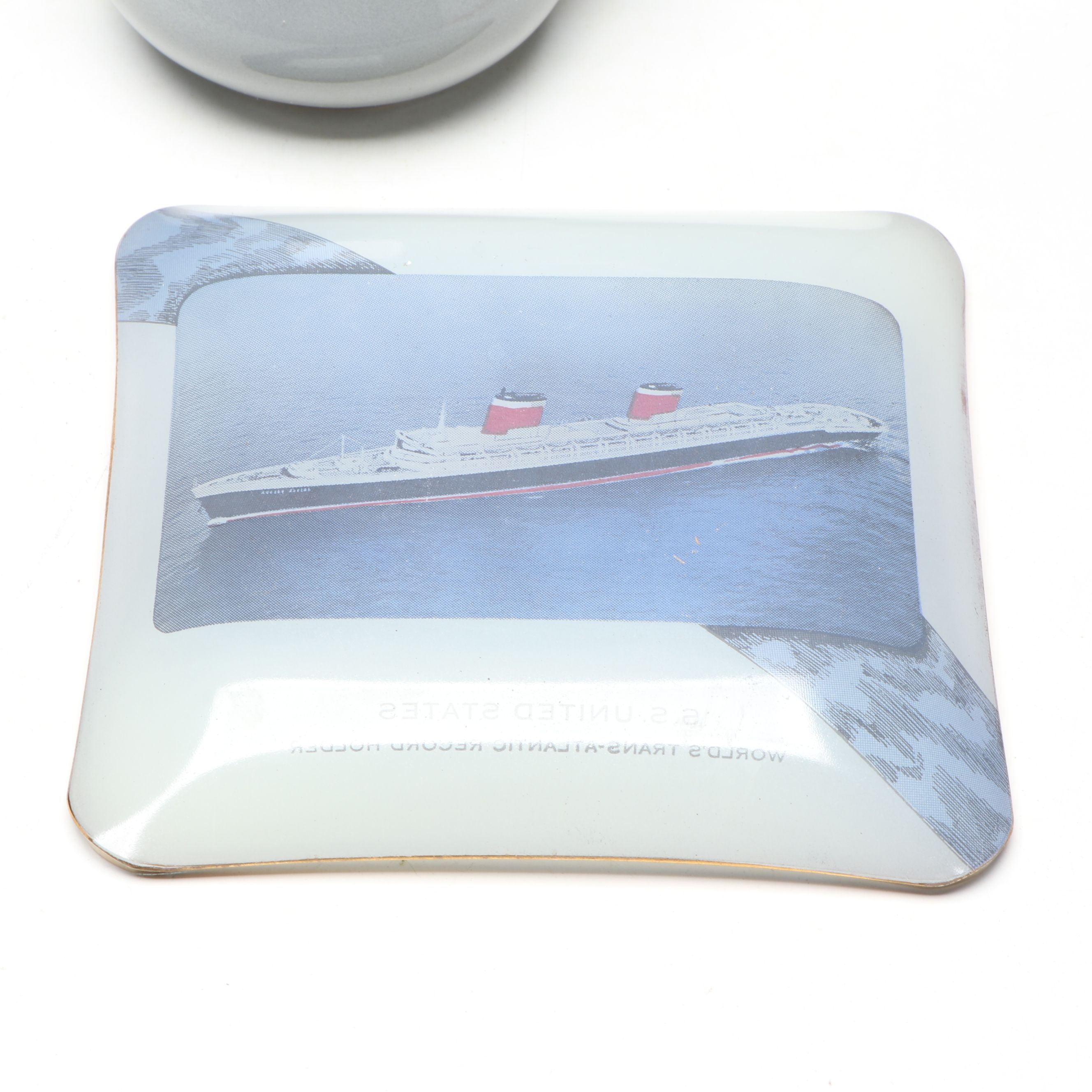SS United States Photographic Dish with Hall China Tea/Coffee Service and Flags