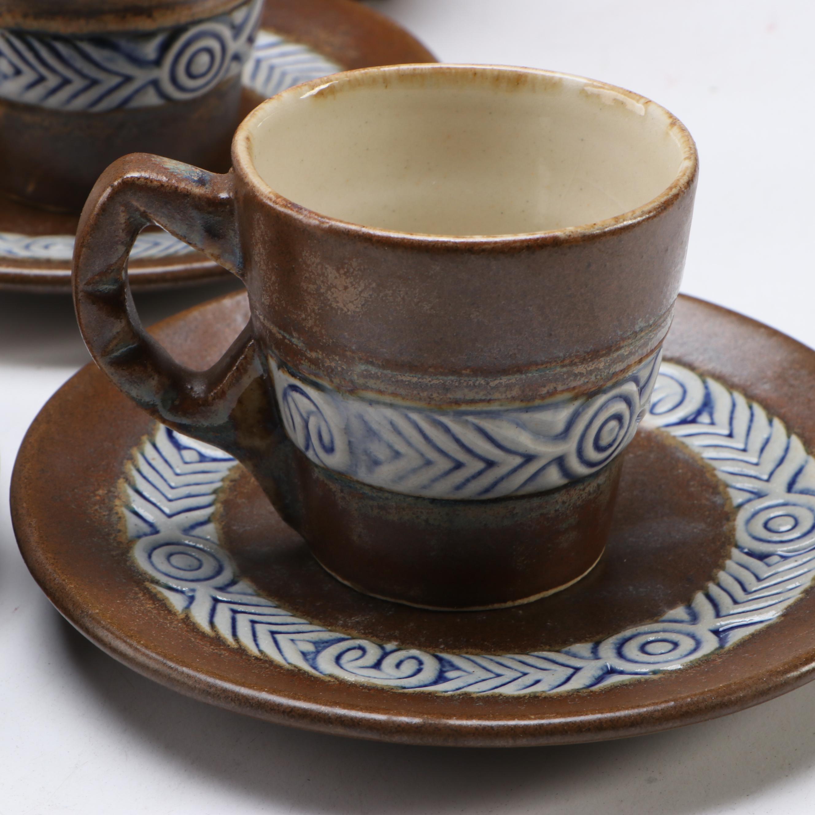 Rustic Japanese Style Vase and Bowl with French Quimper Teacup Set and Owls