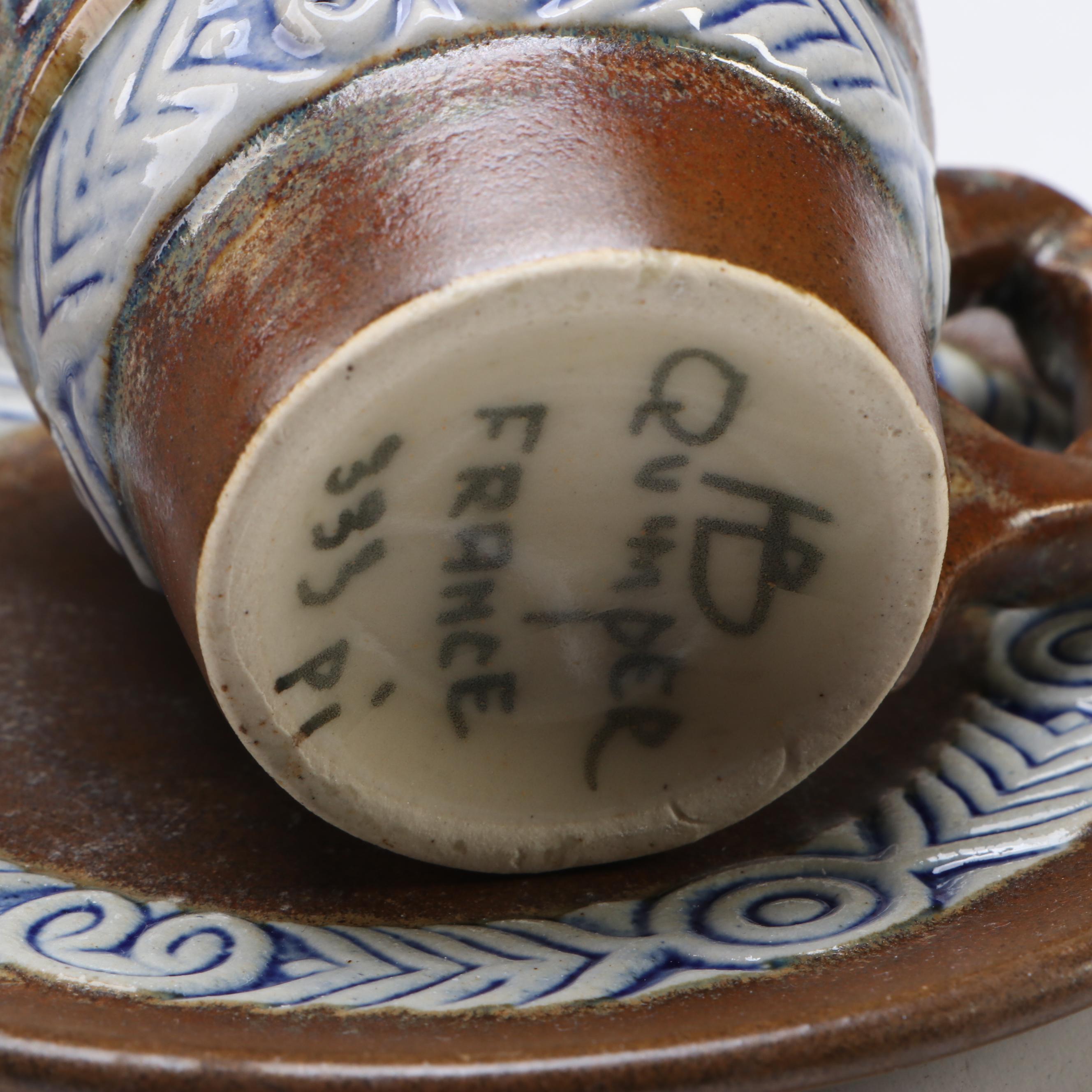 Rustic Japanese Style Vase and Bowl with French Quimper Teacup Set and Owls