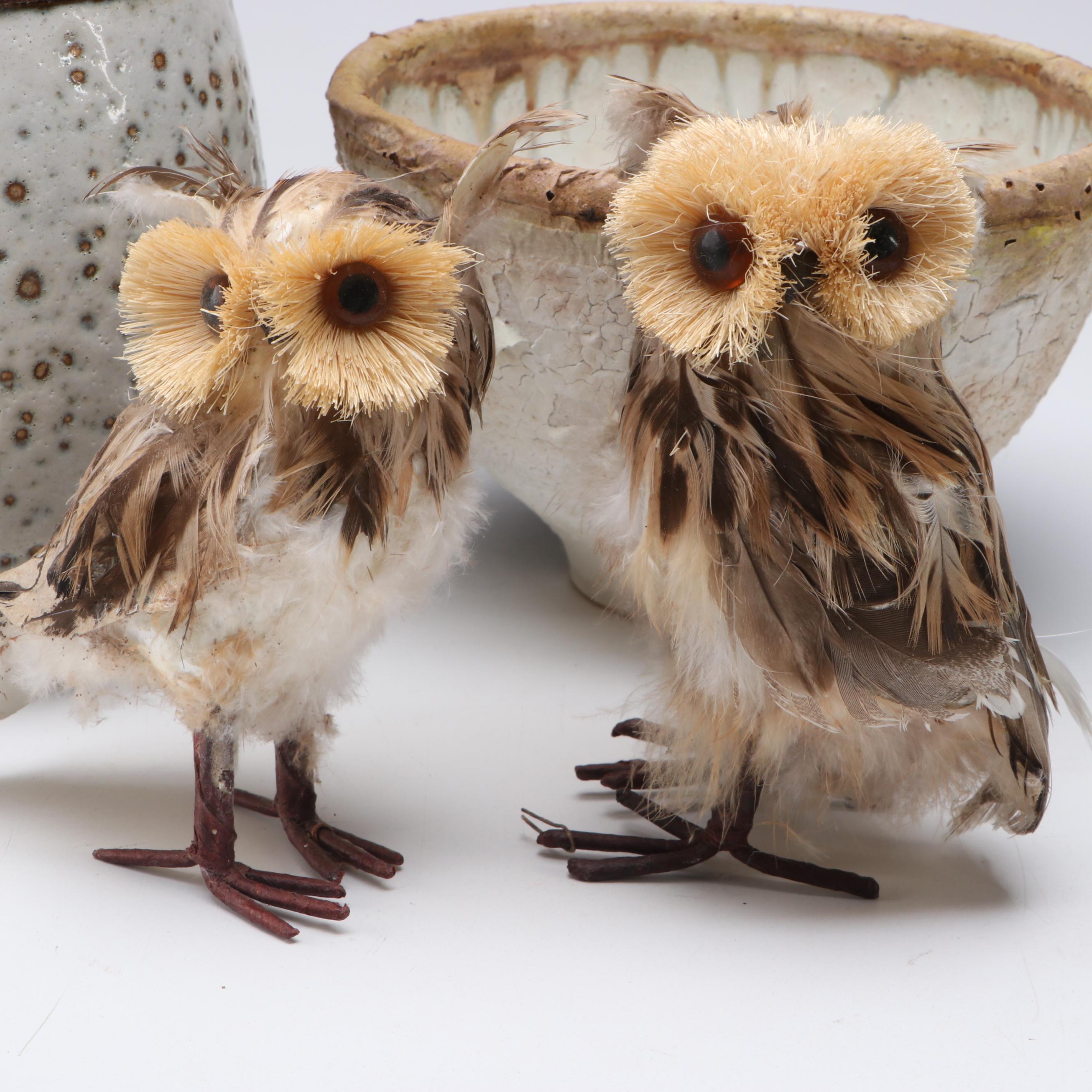 Rustic Japanese Style Vase and Bowl with French Quimper Teacup Set and Owls