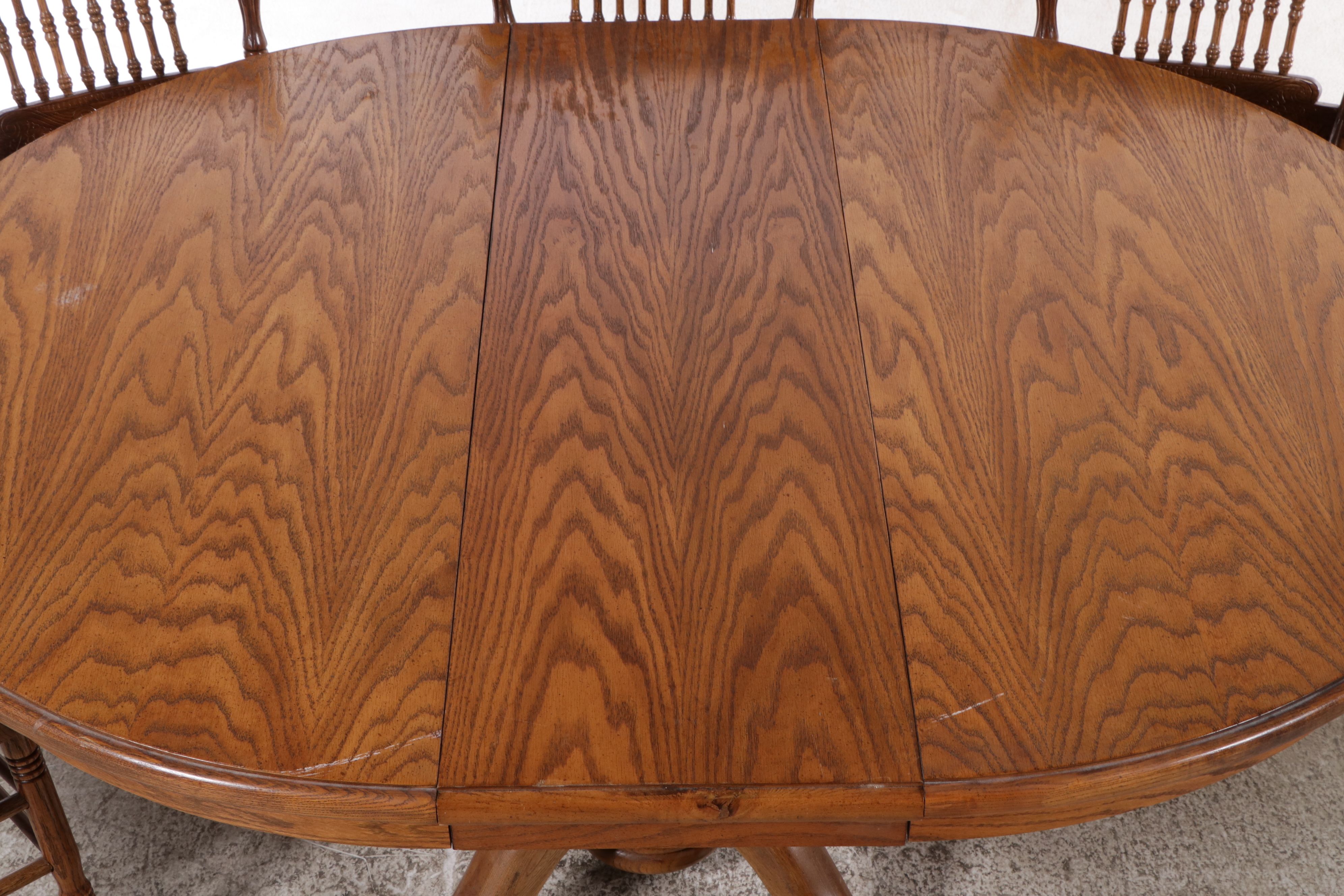Oak Dining Table with Five Pressed Back Dining Chairs