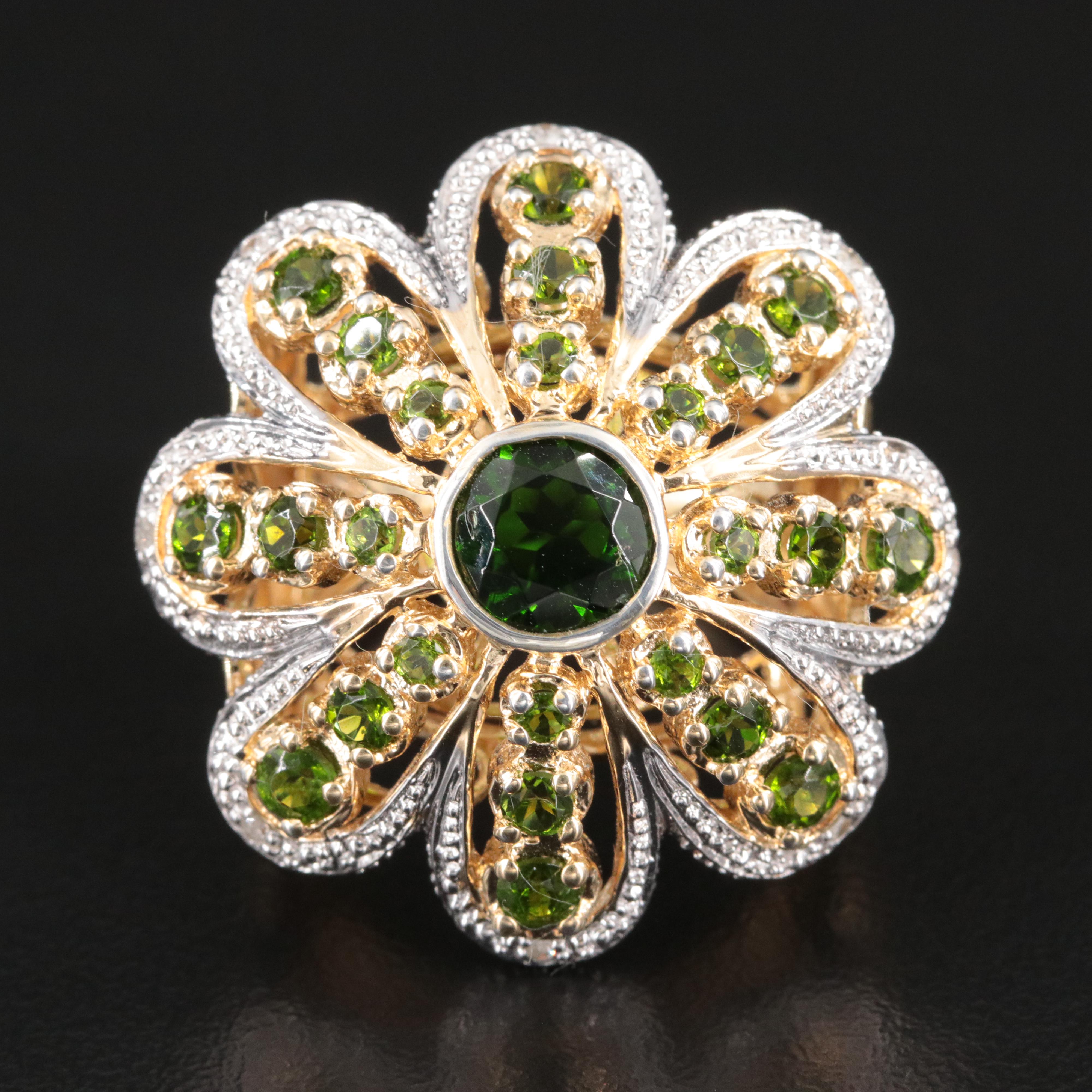 Sterling Diopside and Diamond Flower Ring