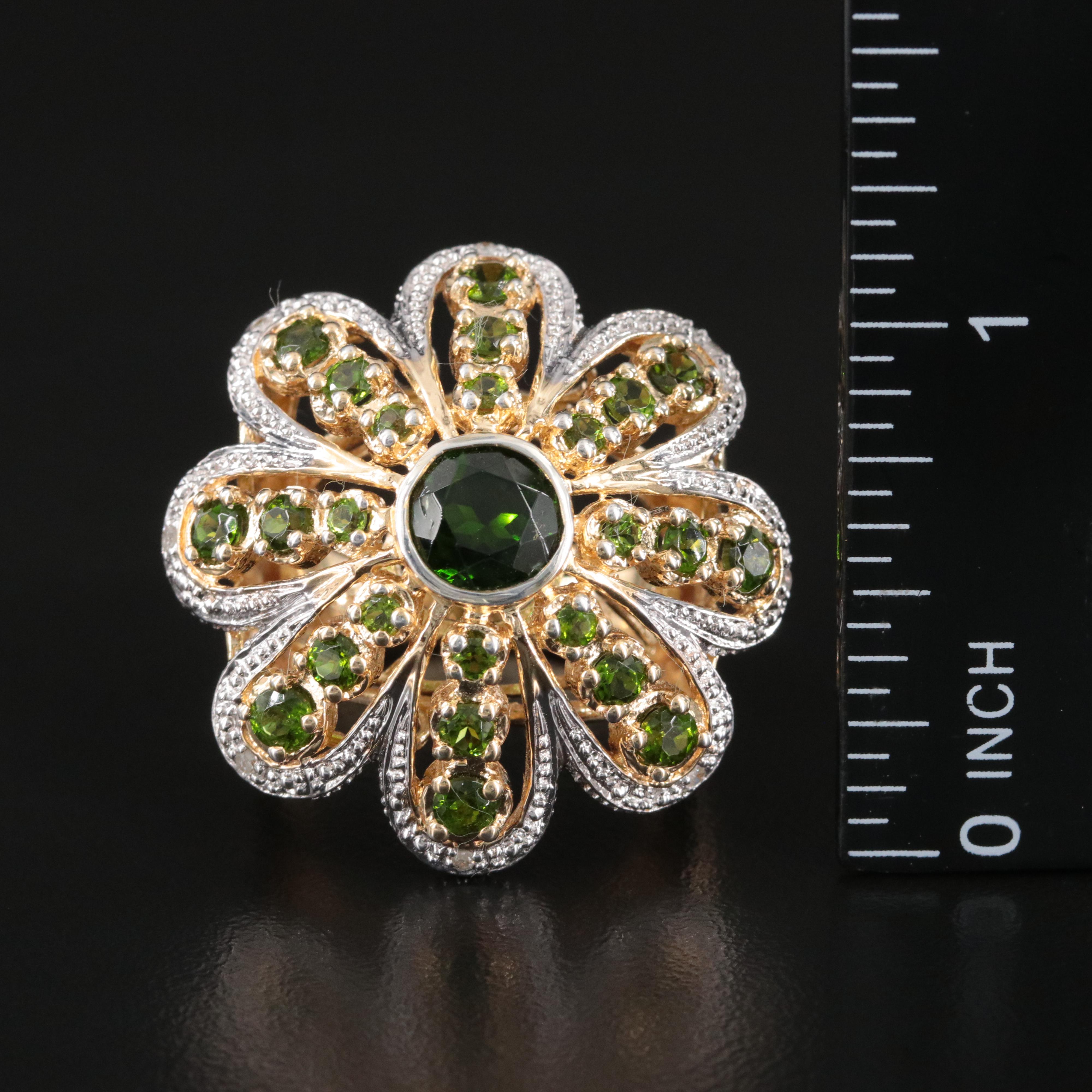 Sterling Diopside and Diamond Flower Ring