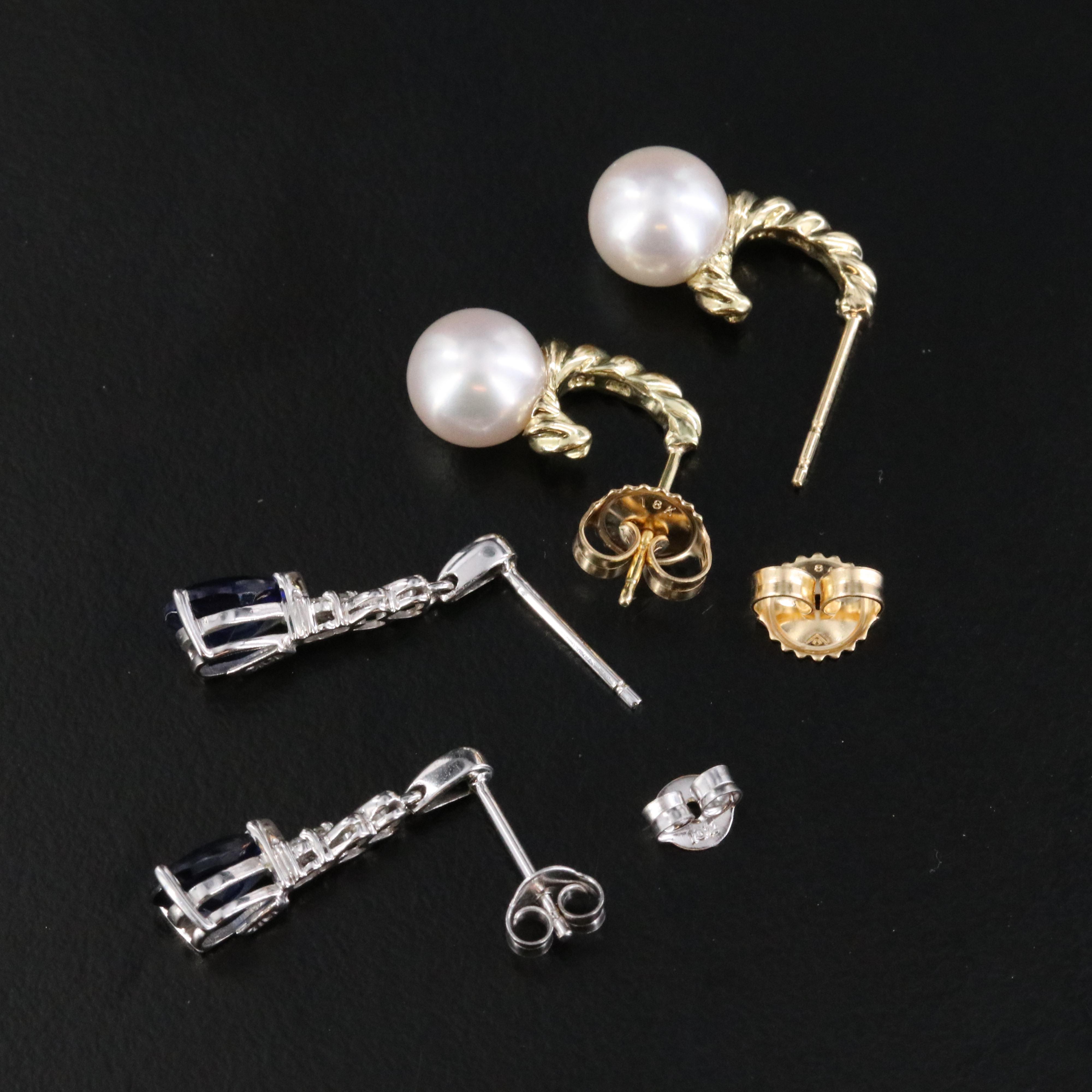 10K and 18K Pearl, Sapphire, and Diamond Earrings