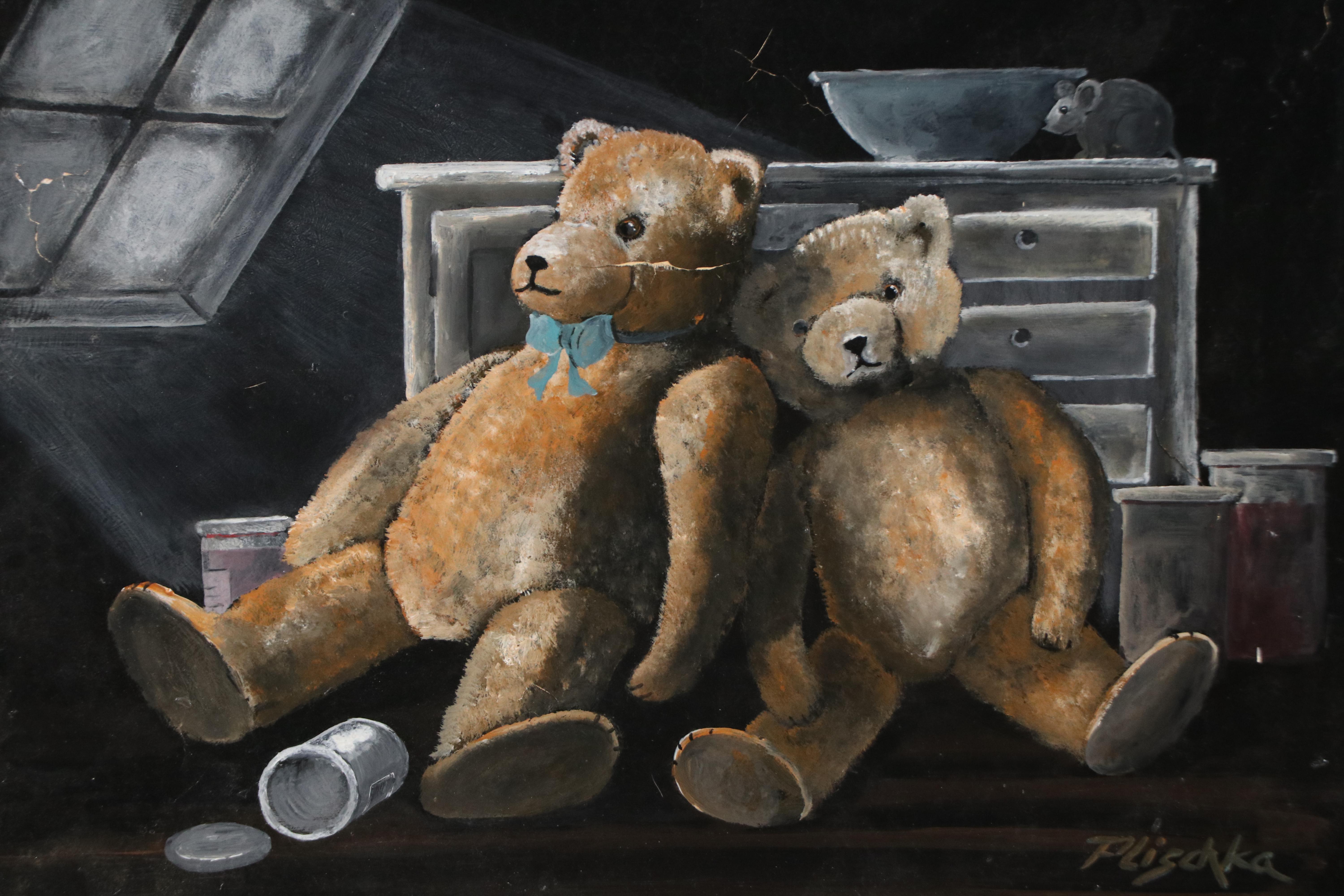 Plischka Oil Painting of Two Teddy Bears, Circa Mid-20th Century