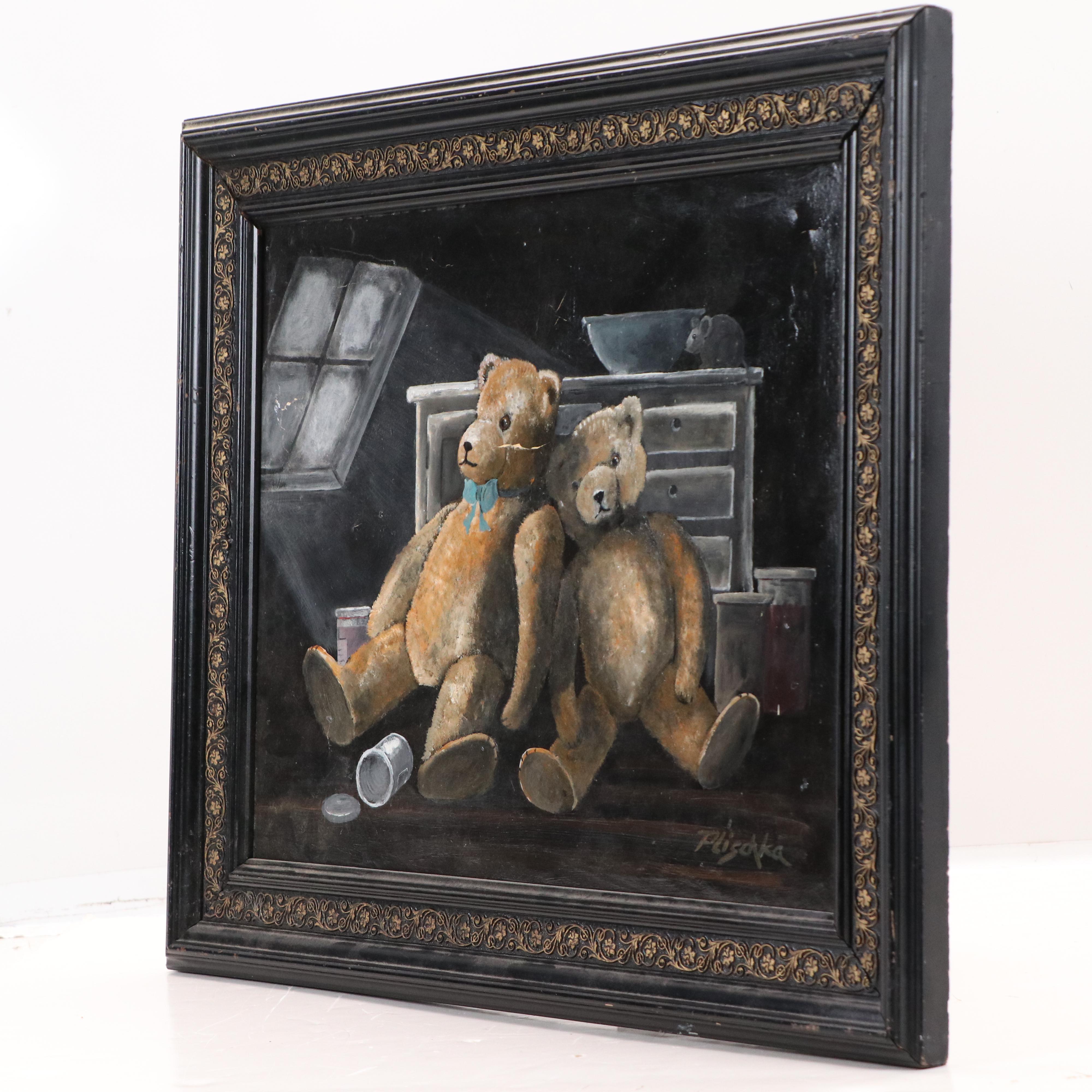 Plischka Oil Painting of Two Teddy Bears, Circa Mid-20th Century