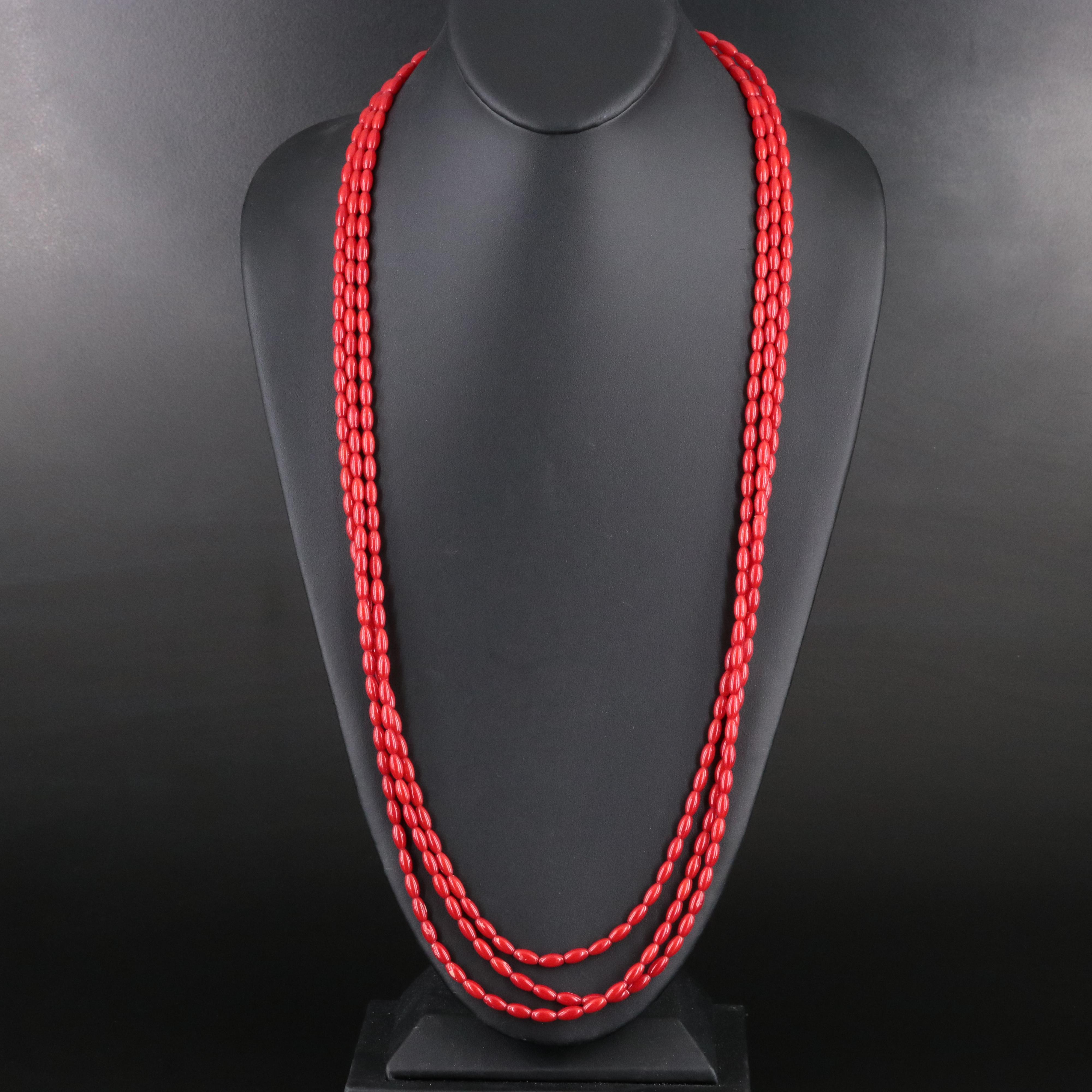 Coral Triple-Strand Necklace with Sterling Clasp