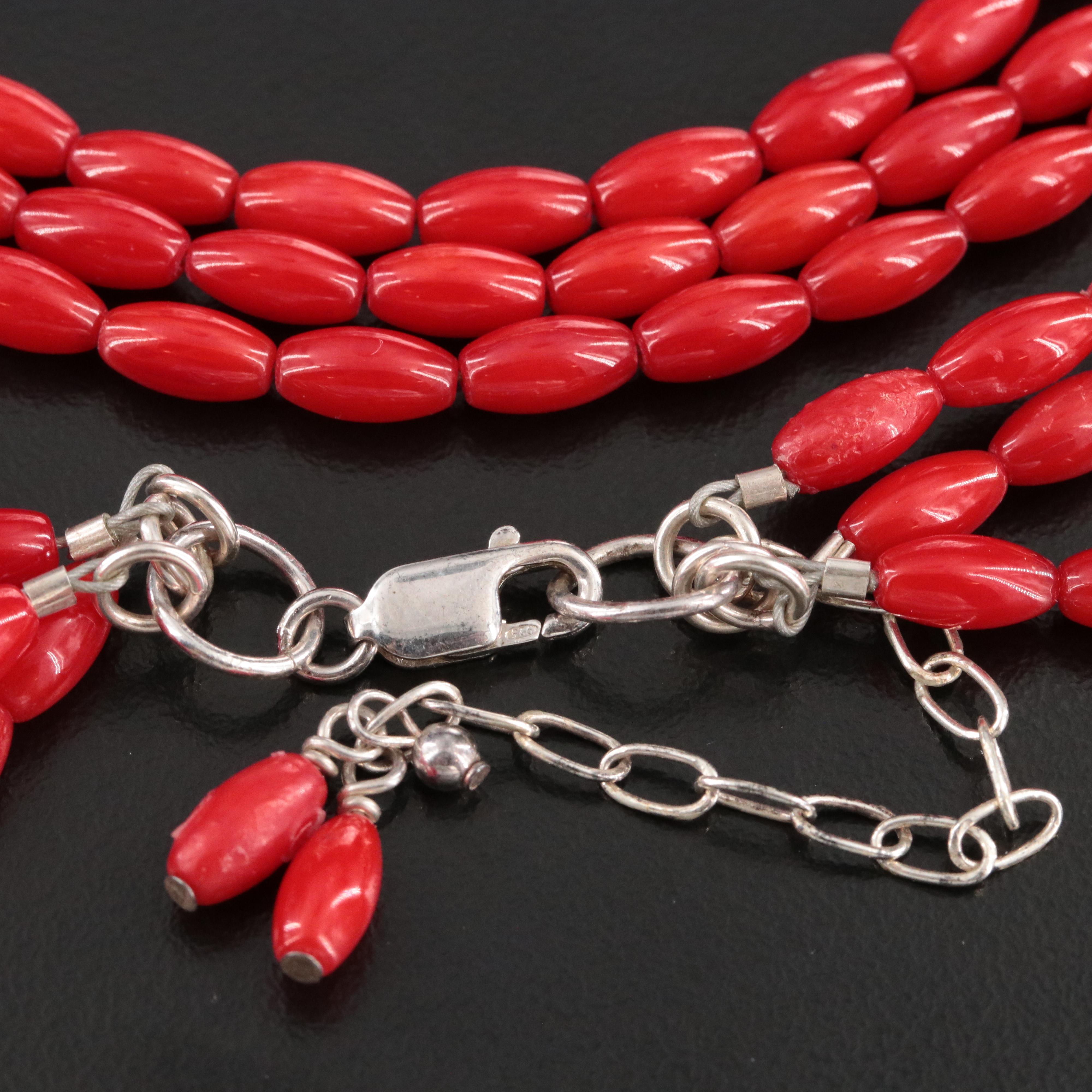 Coral Triple-Strand Necklace with Sterling Clasp