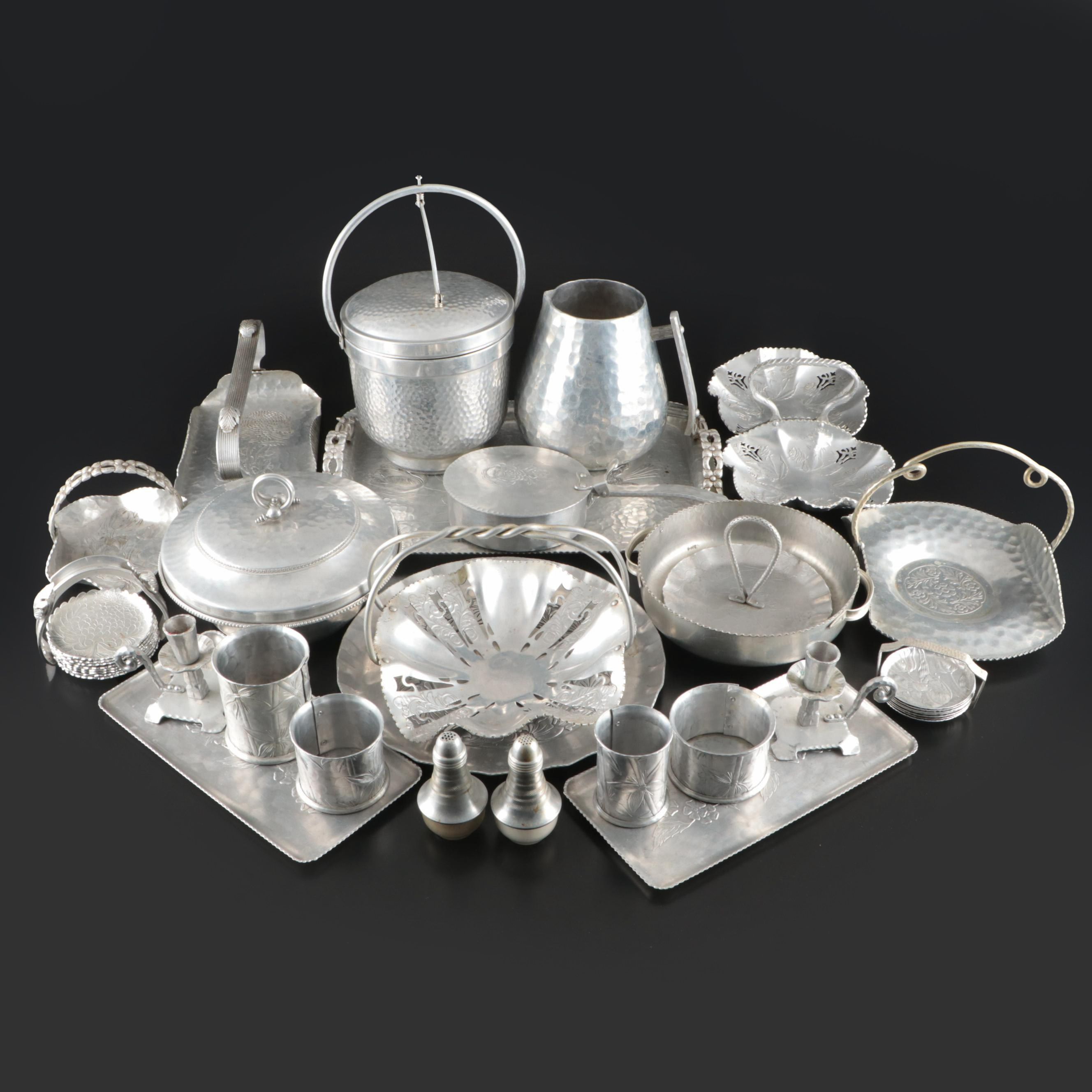 Italian Hammered Aluminum Ice Bucket, Repoussé Coasters and More Metal Serveware