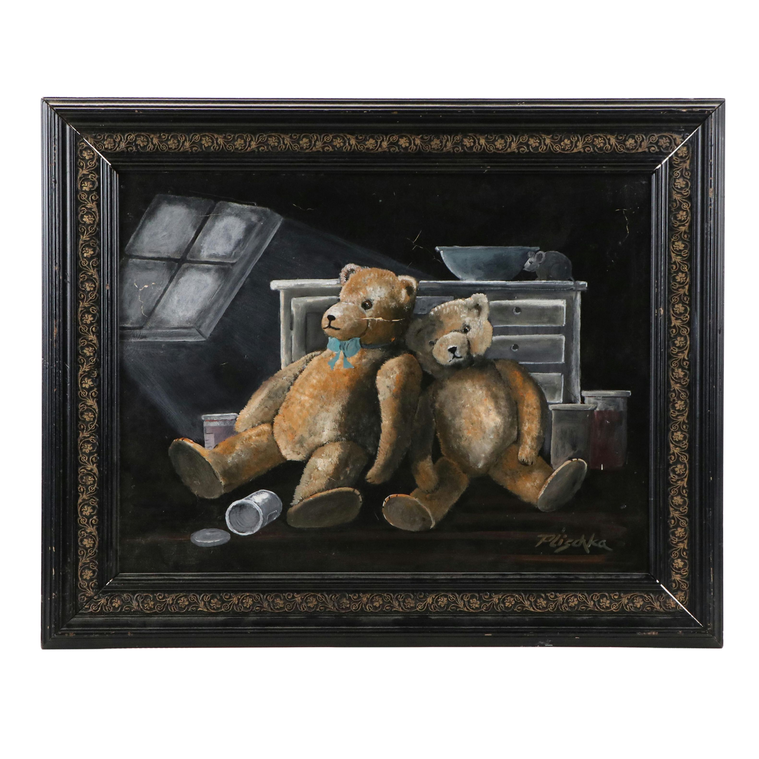 Plischka Oil Painting of Two Teddy Bears, Circa Mid-20th Century