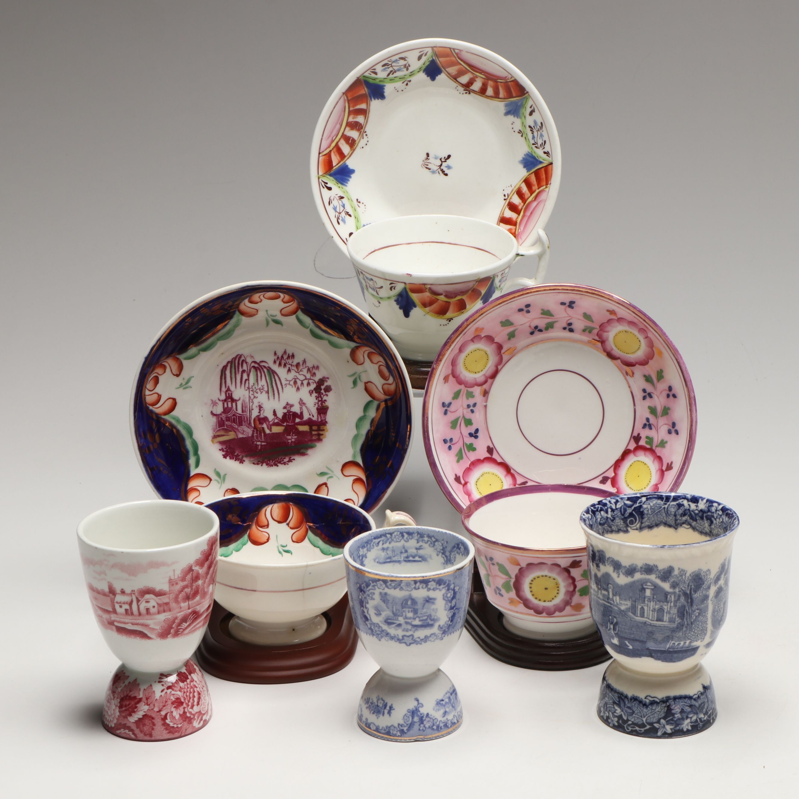 Mason's "Vista" and Other Egg Cups with Hand-Painted Antique Tea Cup Sets