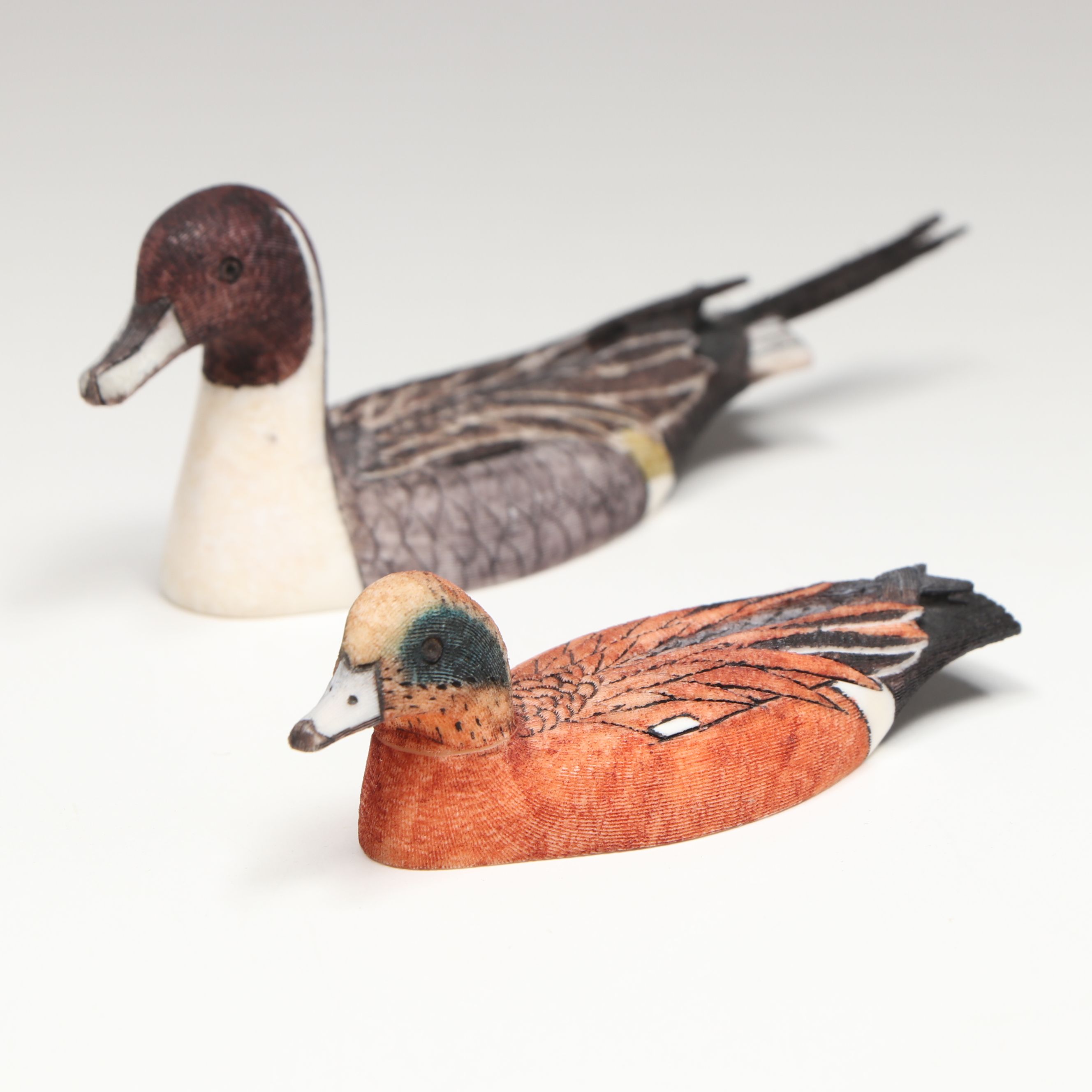 Ted Mayac Jr. Inuit Hand-Painted Carved Walrus Ivory Duck Figures