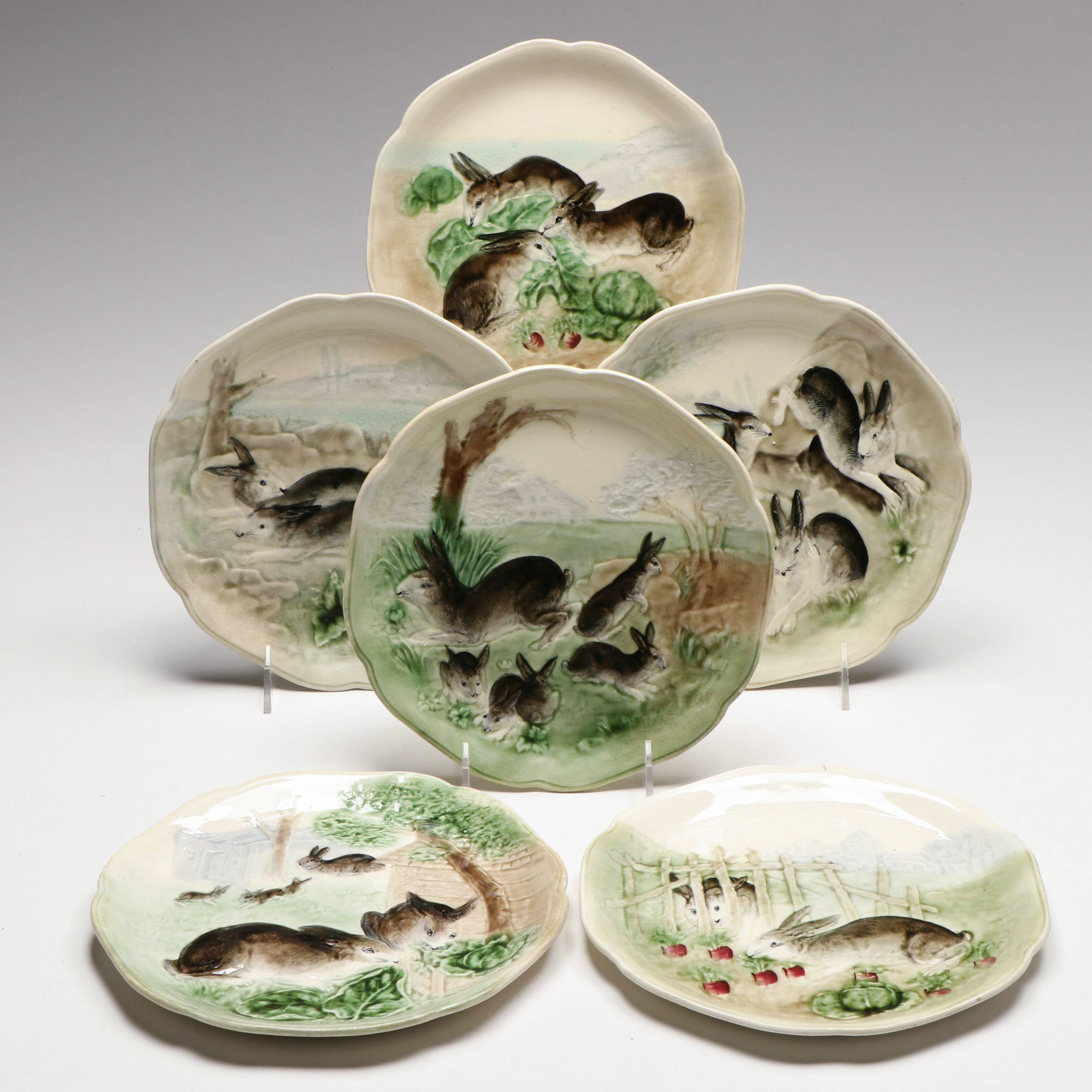 Hand-Painted French Choisy le Roi and Other Majolica Rabbit Plates