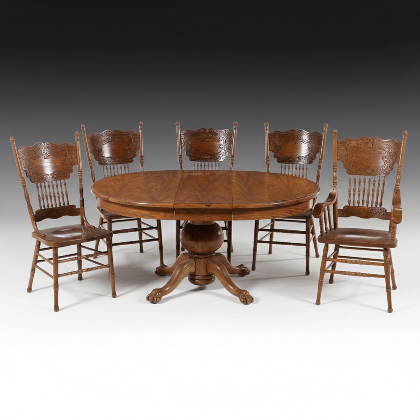 Oak Dining Table with Five Pressed Back Dining Chairs