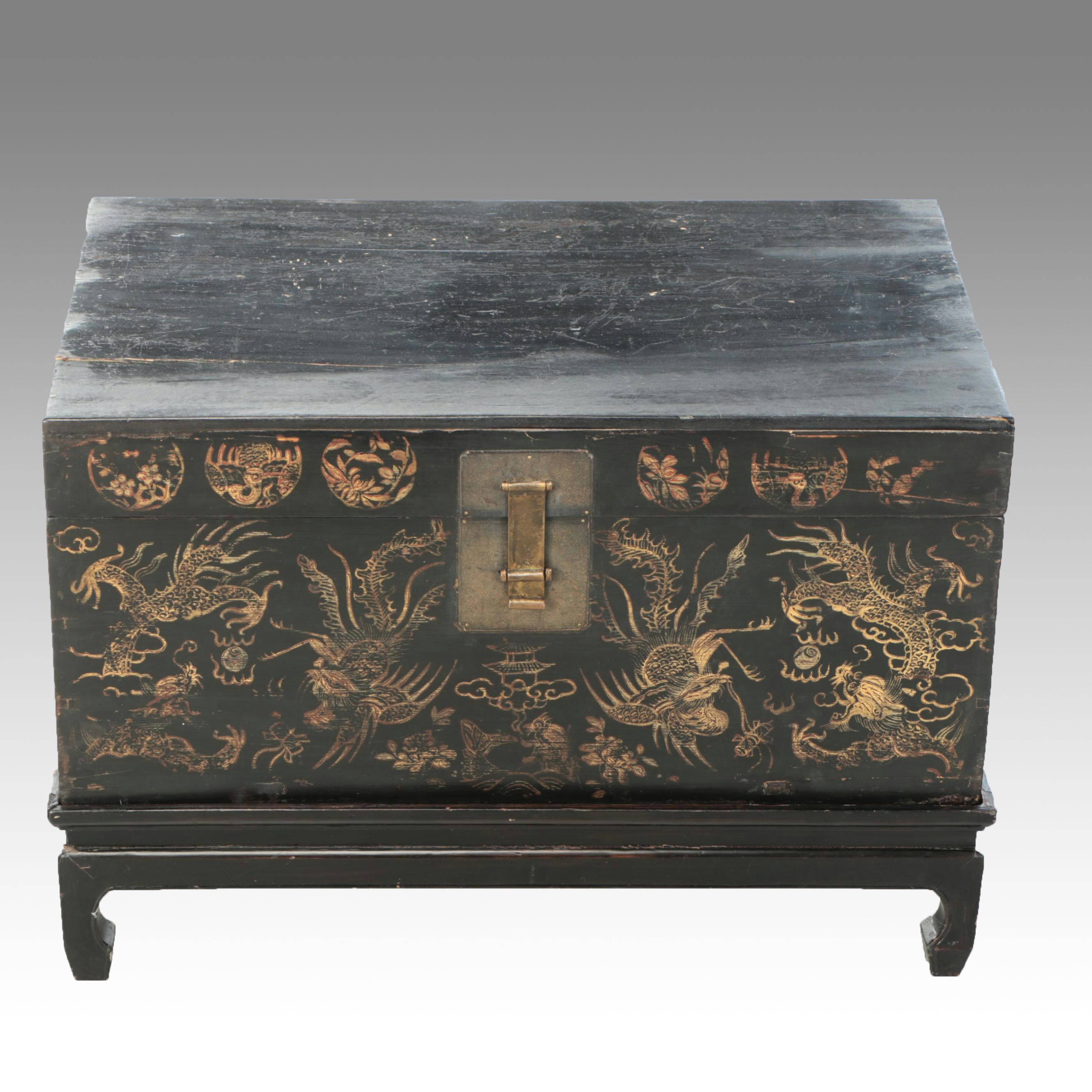 Chinese Black Finish with Gold Gilt Wood Chest on Stand