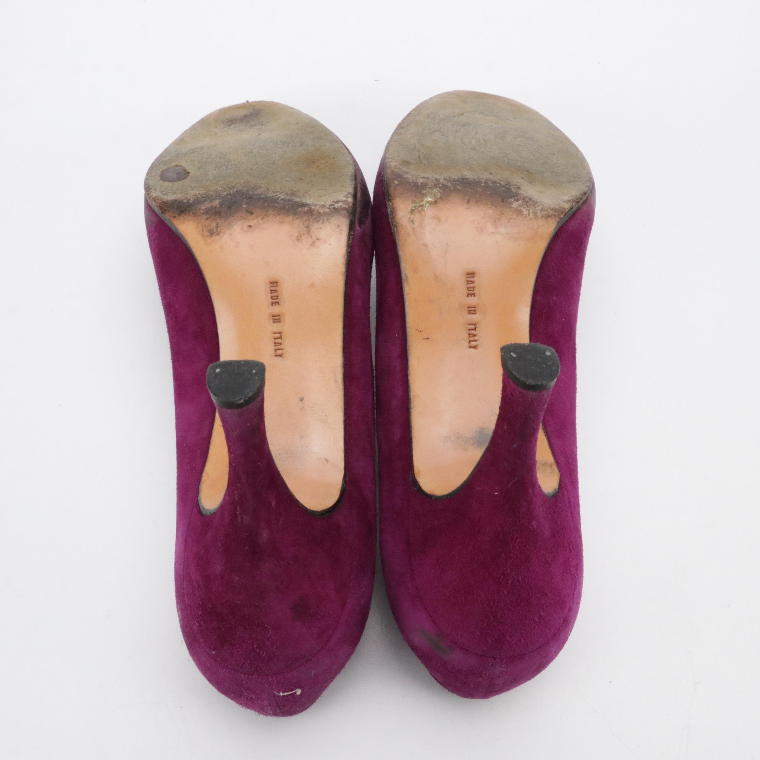 Salvatore Ferragamo Magenta Suede Pumps and Stuart Weitzman Floral Bow Pumps