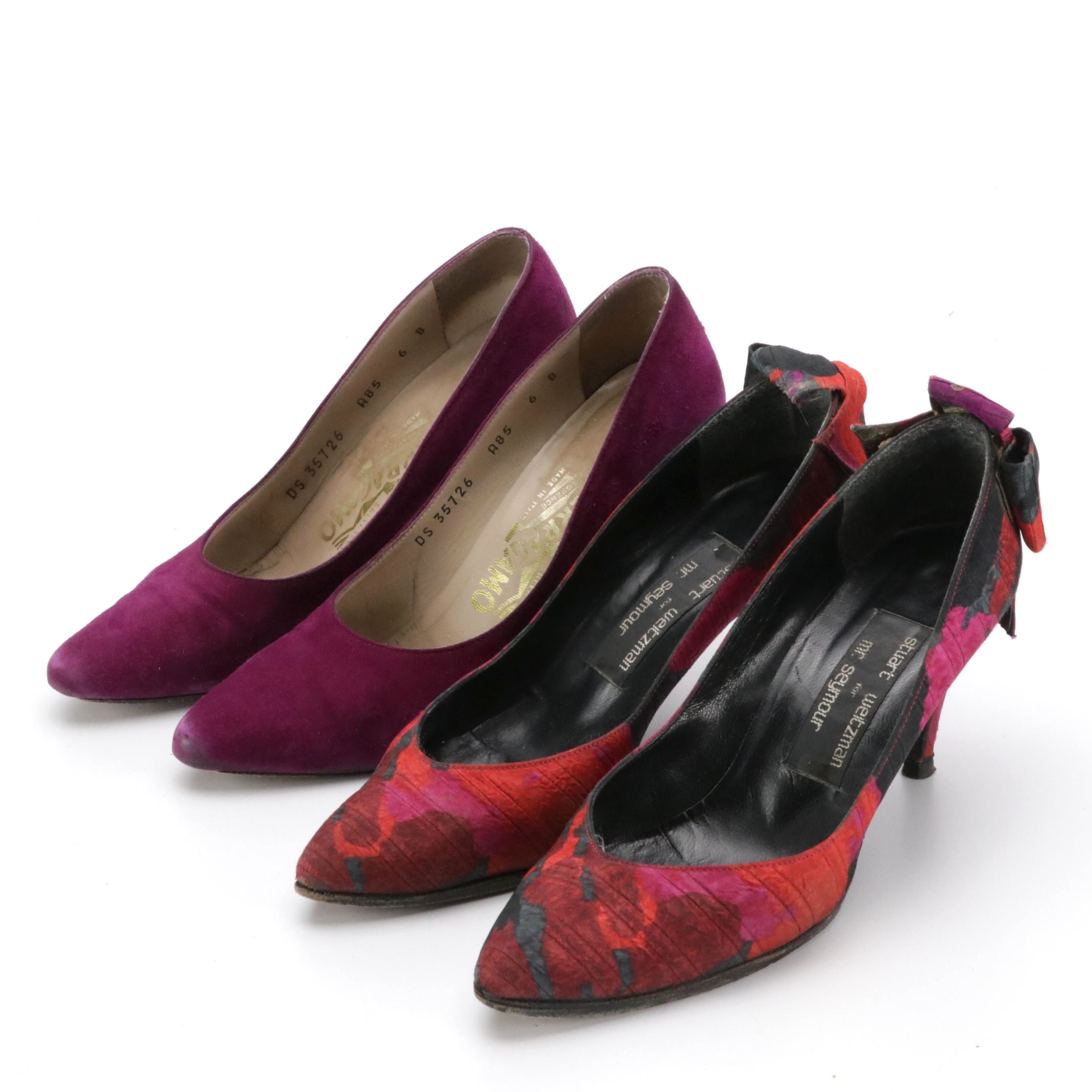 Salvatore Ferragamo Magenta Suede Pumps and Stuart Weitzman Floral Bow Pumps