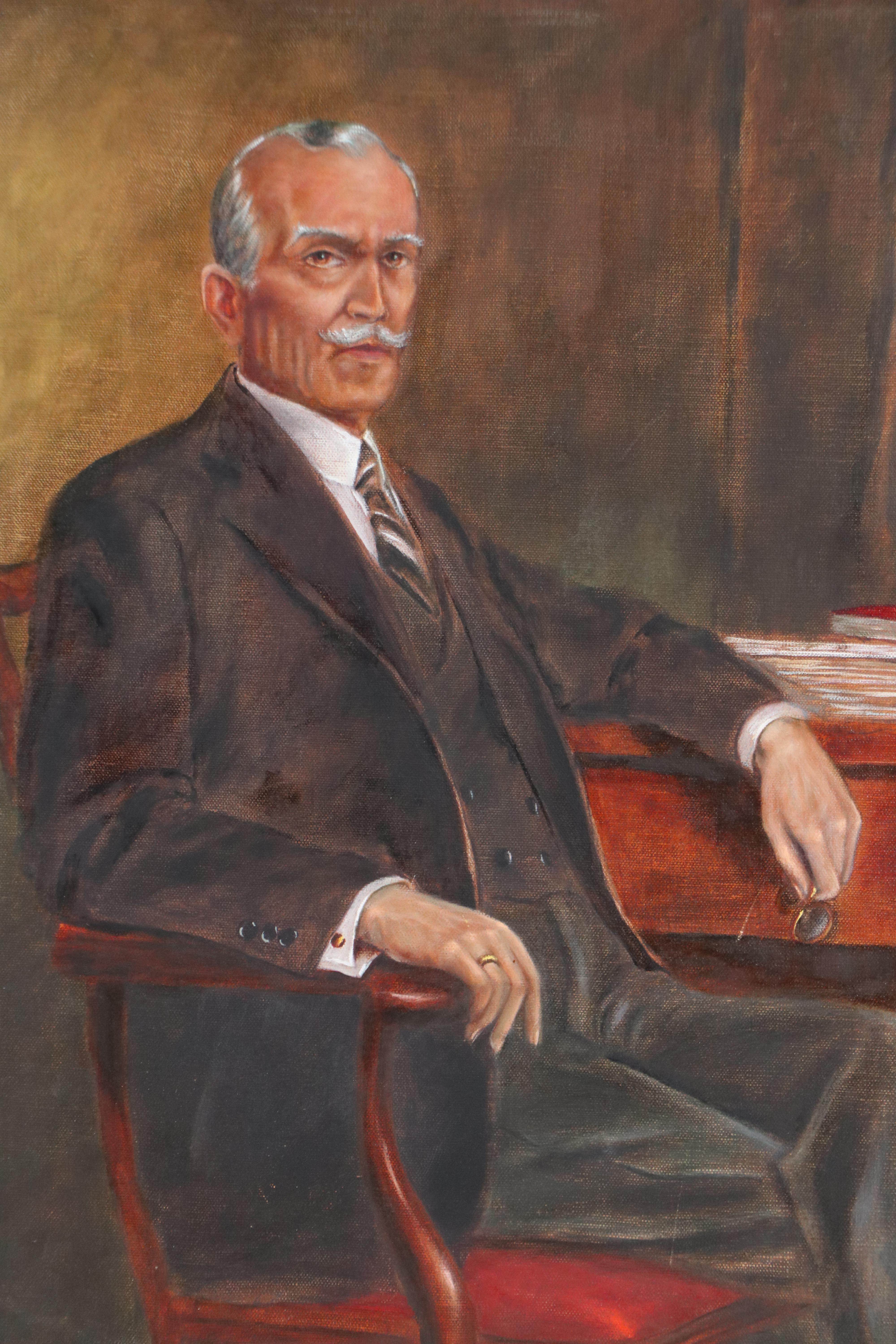 Portrait Oil Painting of Businessman in Study, Mid to Late 20th Century