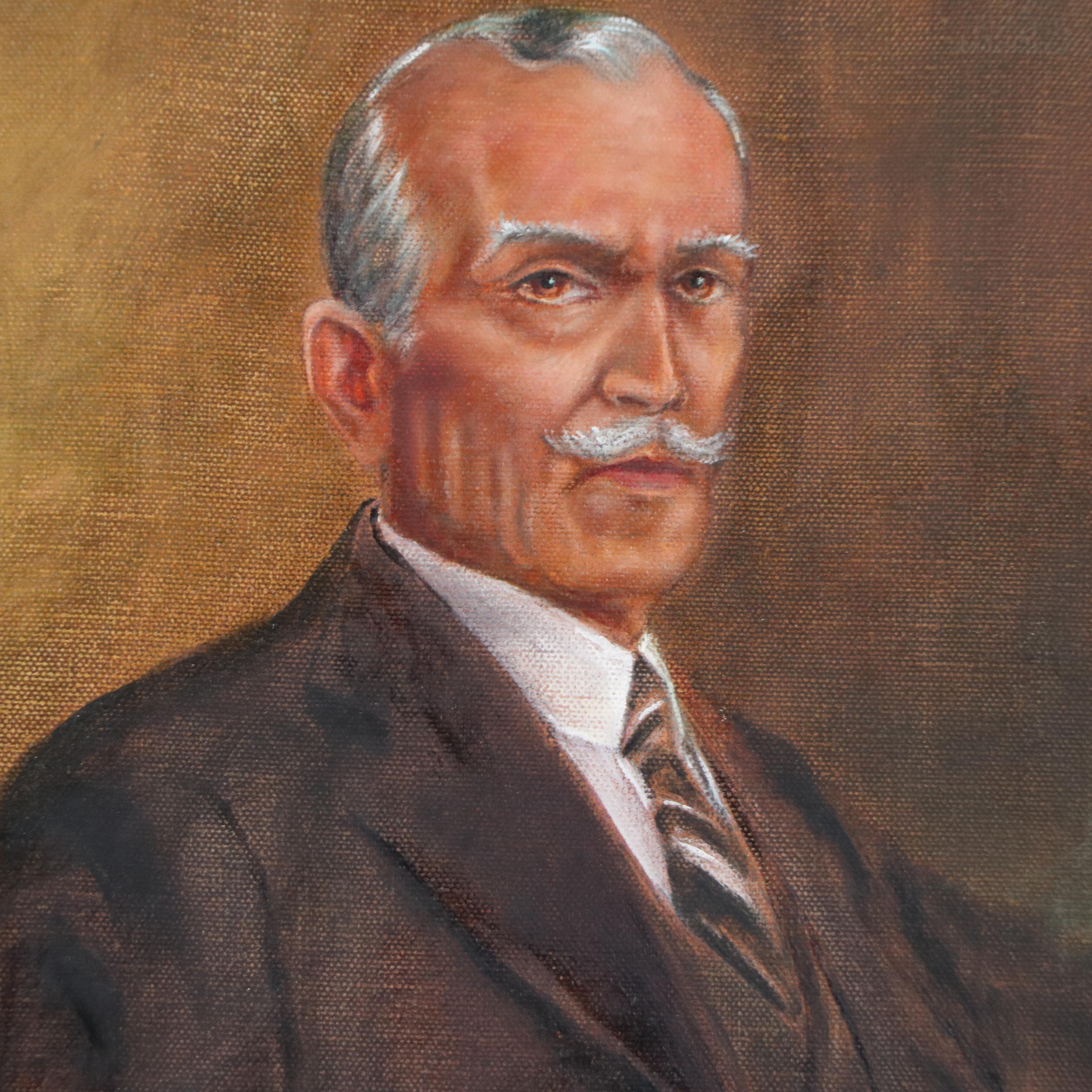 Portrait Oil Painting of Businessman in Study, Mid to Late 20th Century