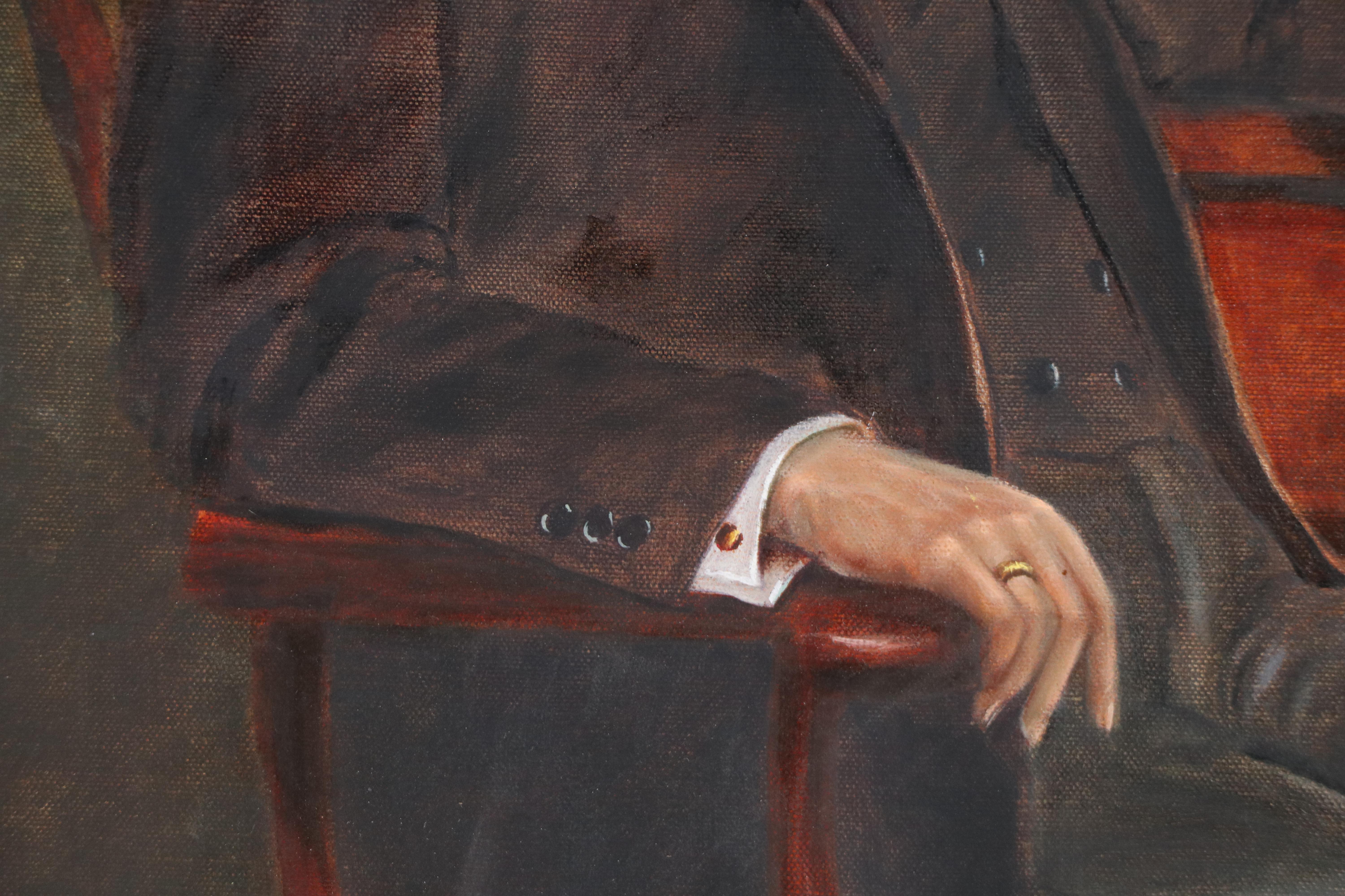 Portrait Oil Painting of Businessman in Study, Mid to Late 20th Century