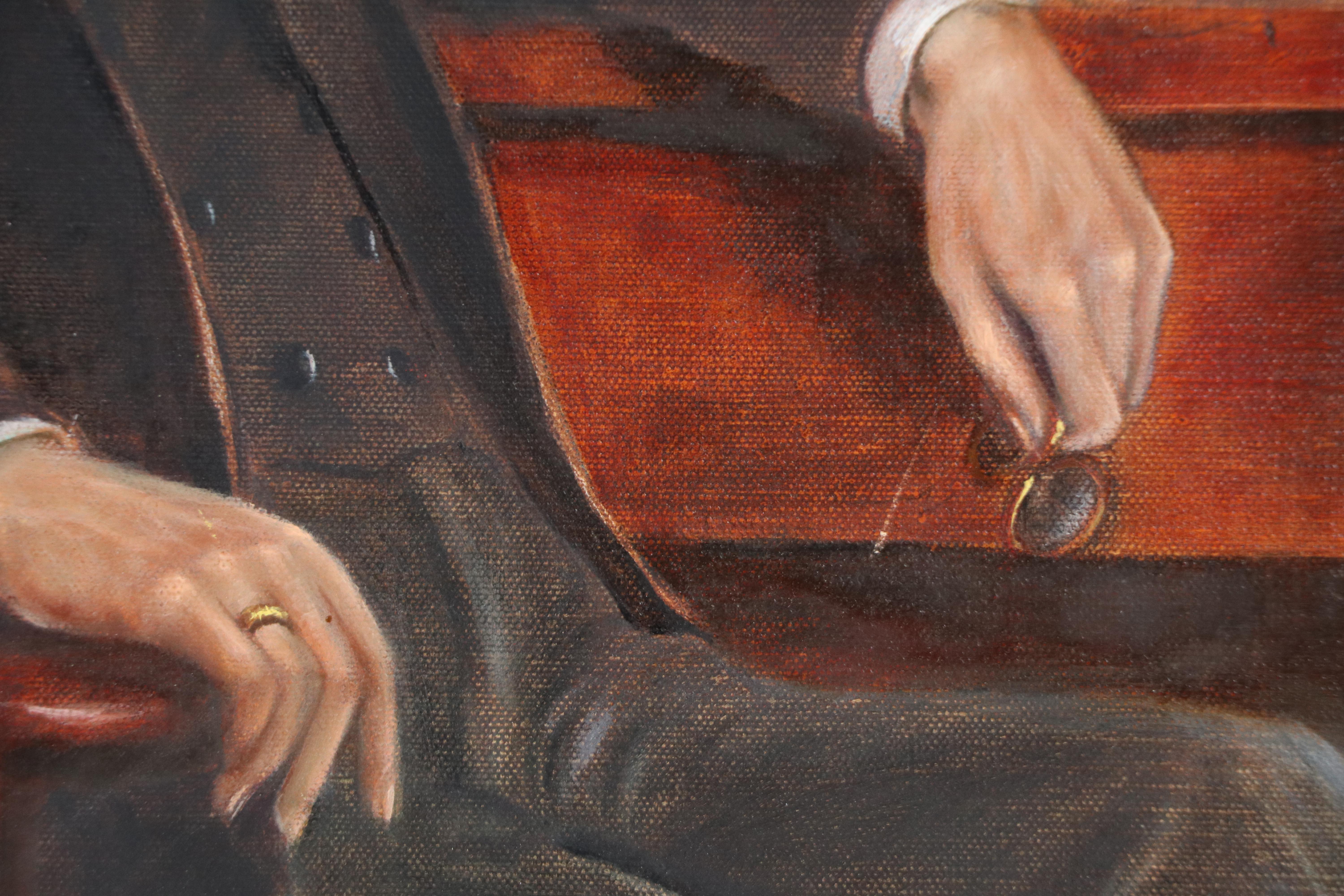 Portrait Oil Painting of Businessman in Study, Mid to Late 20th Century