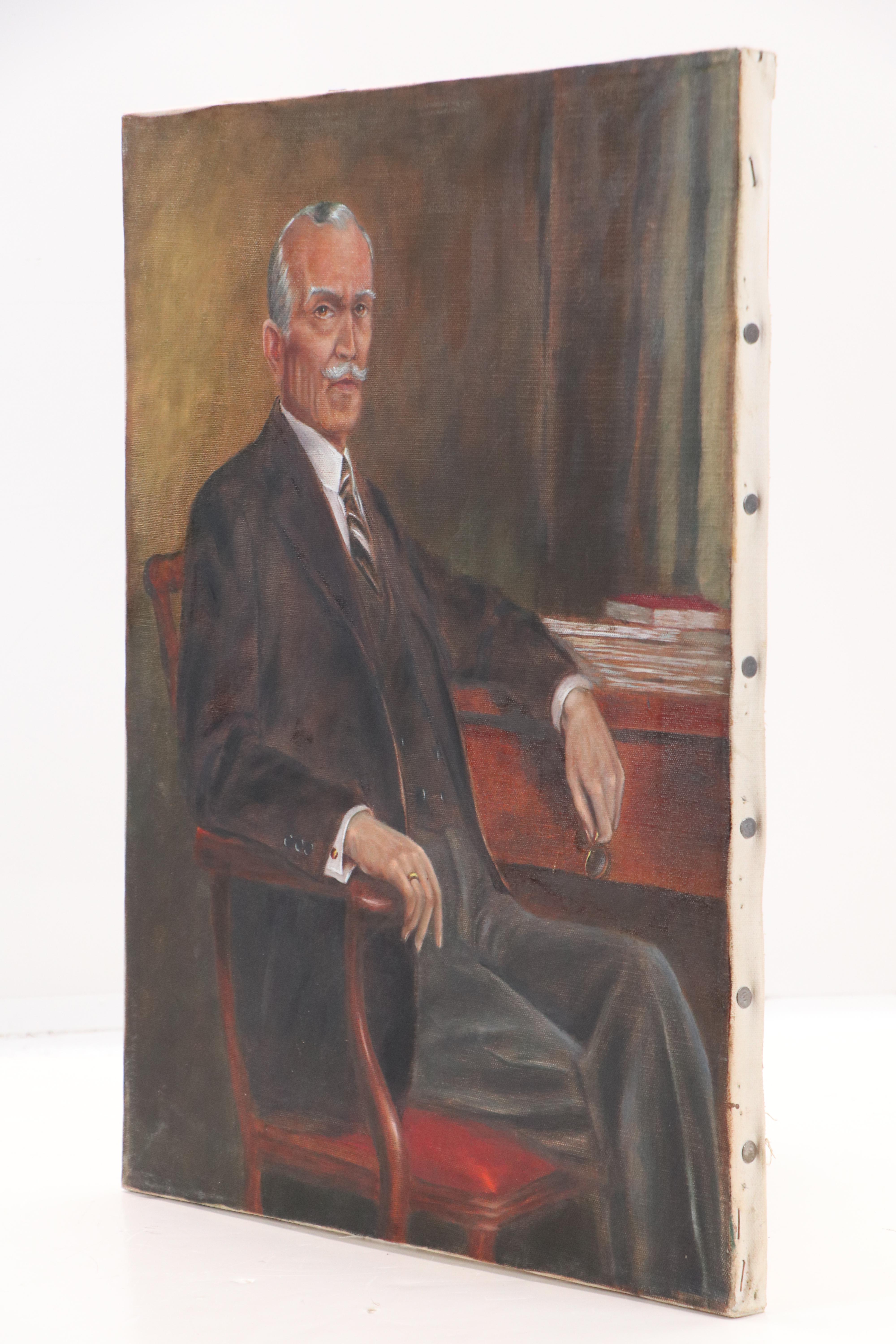 Portrait Oil Painting of Businessman in Study, Mid to Late 20th Century