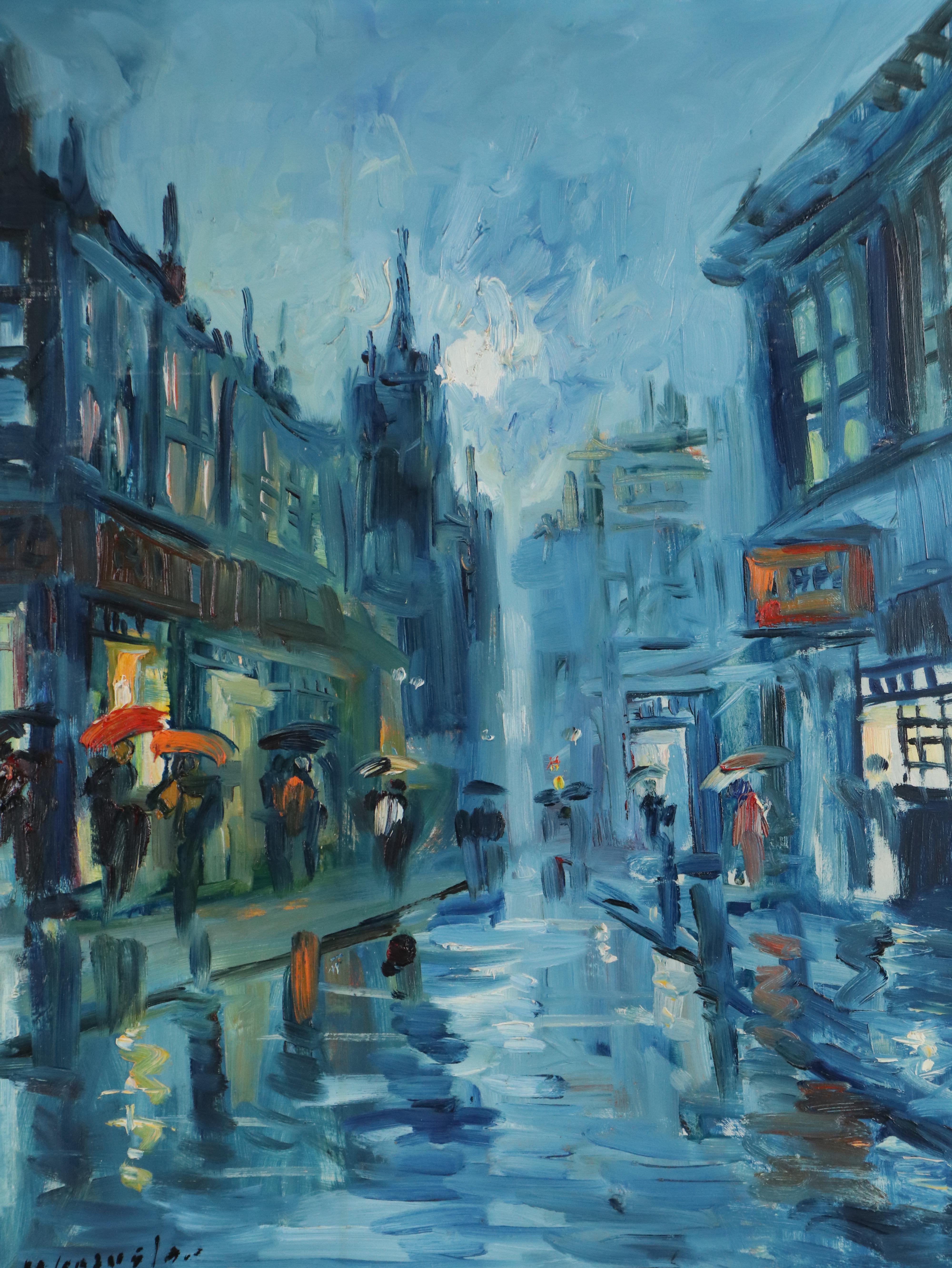 Impressionist Cityscape Oil Painting of Rainy Street Scene, Late 20th to 21st C.