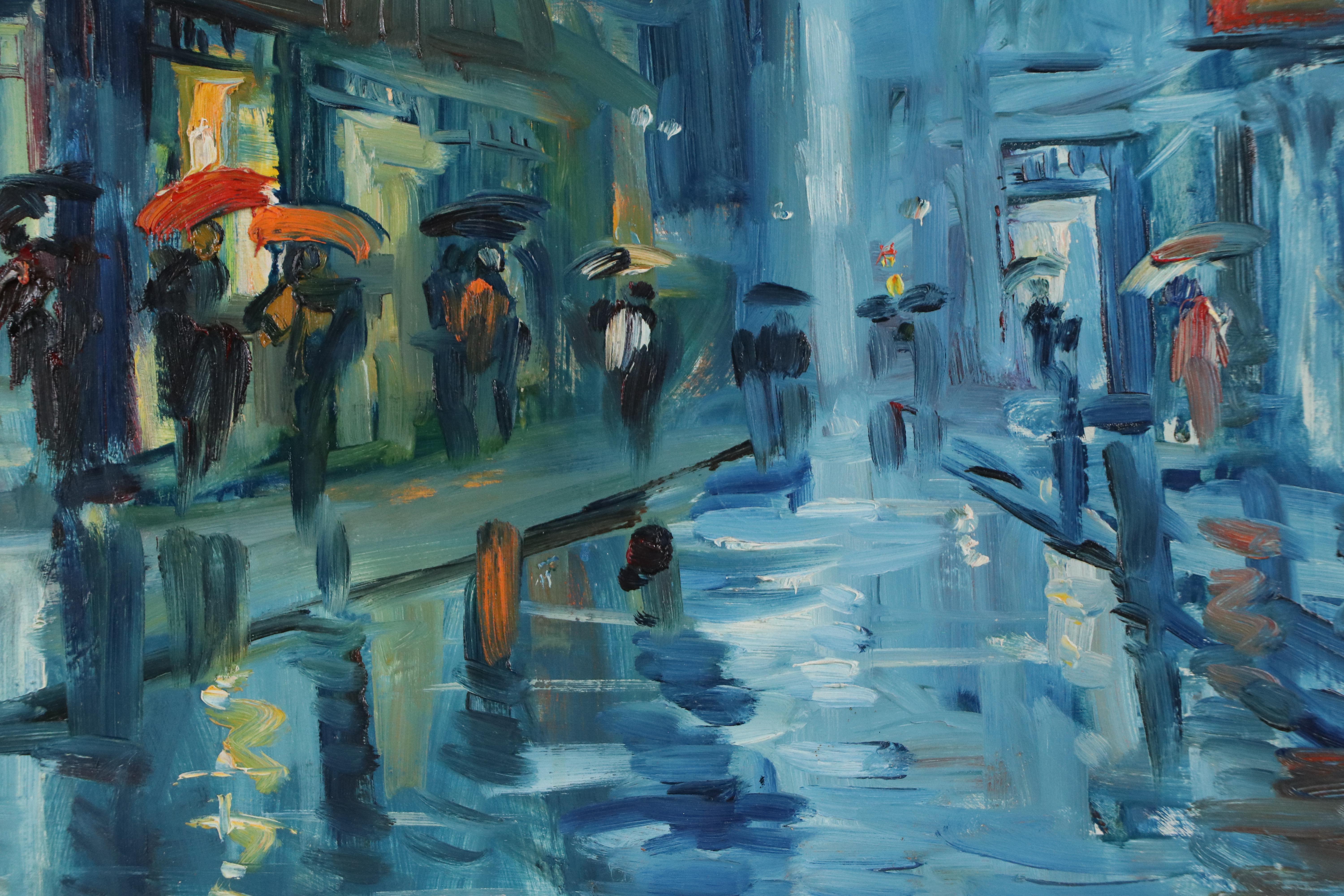 Impressionist Cityscape Oil Painting of Rainy Street Scene, Late 20th to 21st C.