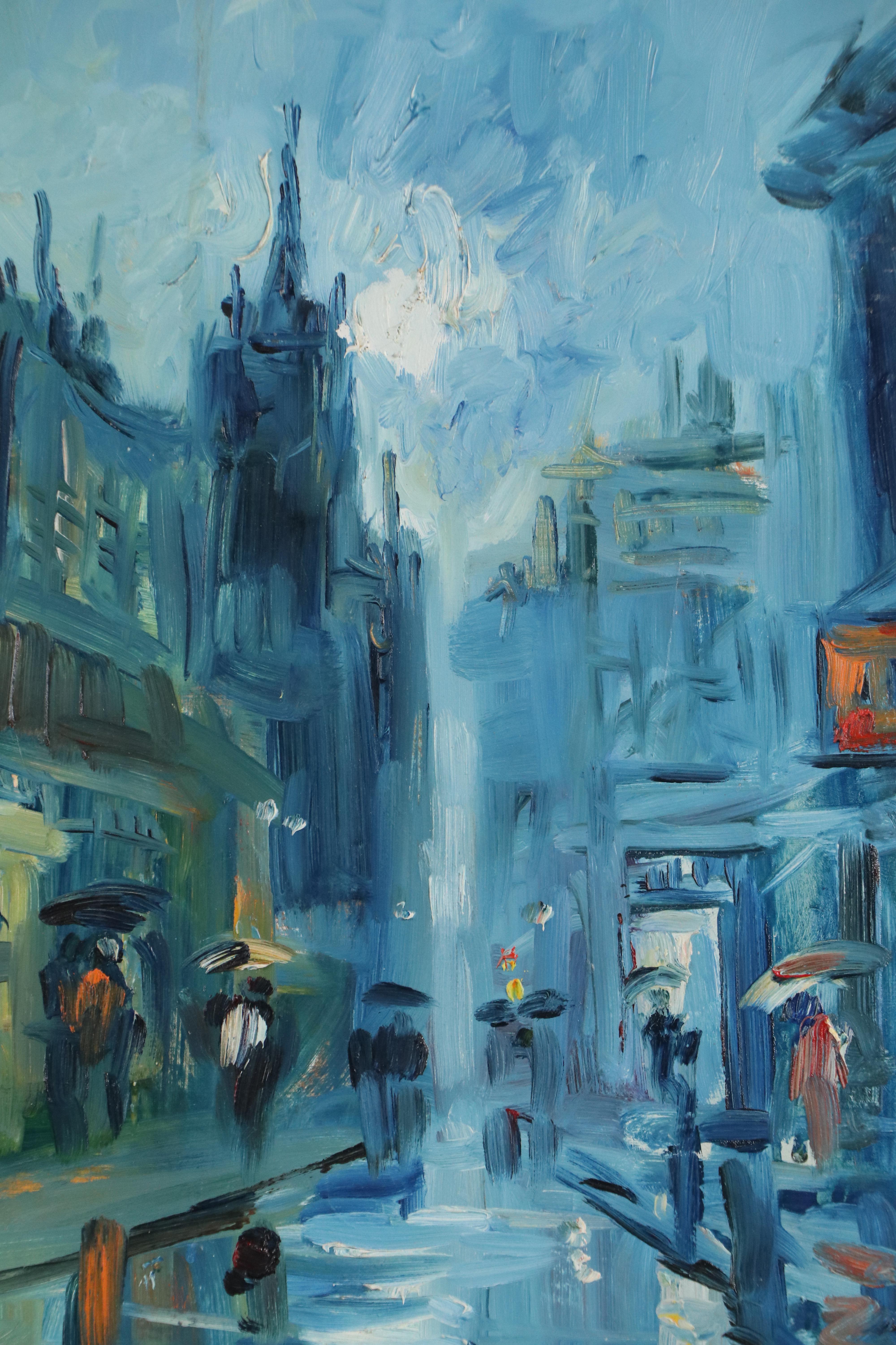 Impressionist Cityscape Oil Painting of Rainy Street Scene, Late 20th to 21st C.