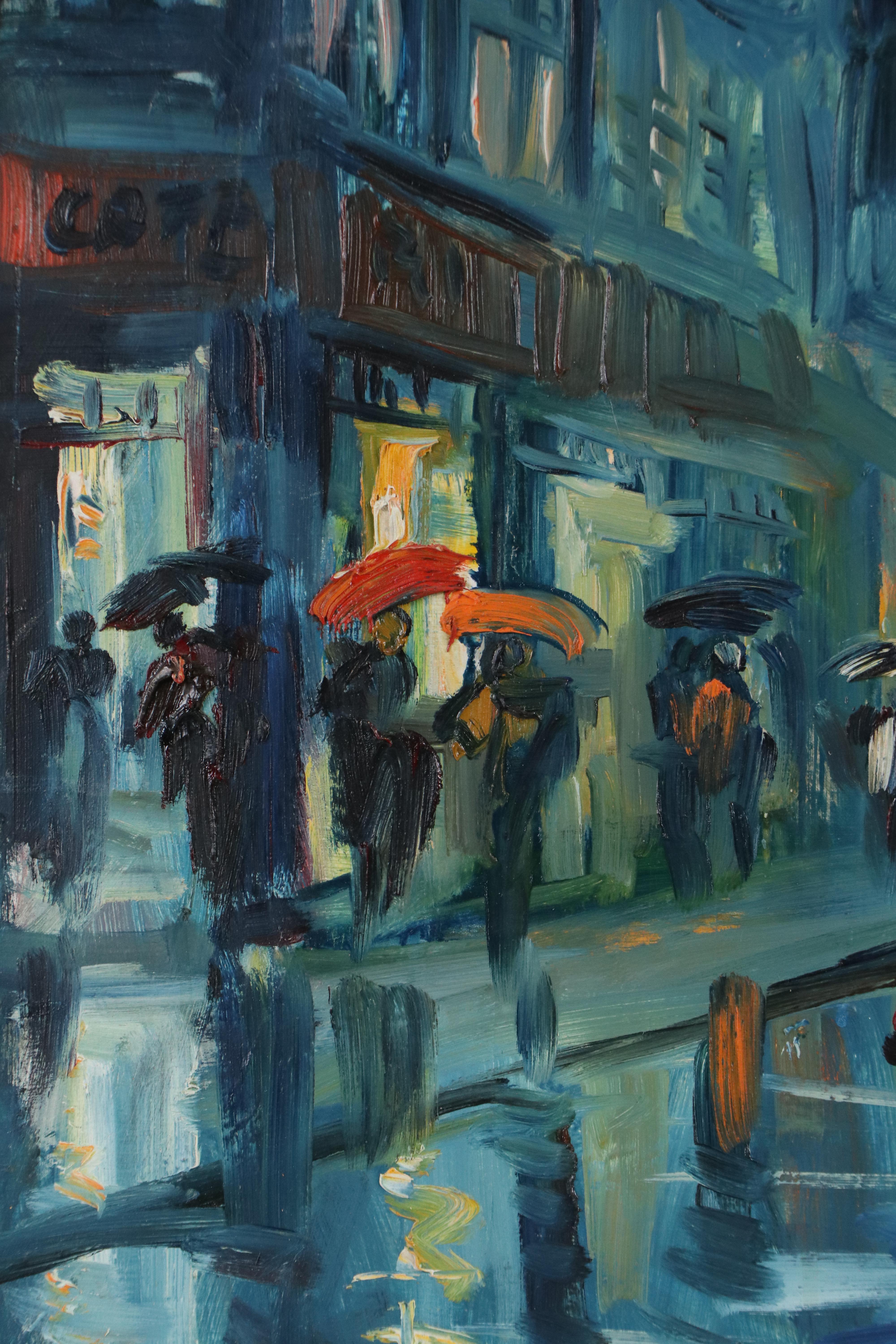 Impressionist Cityscape Oil Painting of Rainy Street Scene, Late 20th to 21st C.