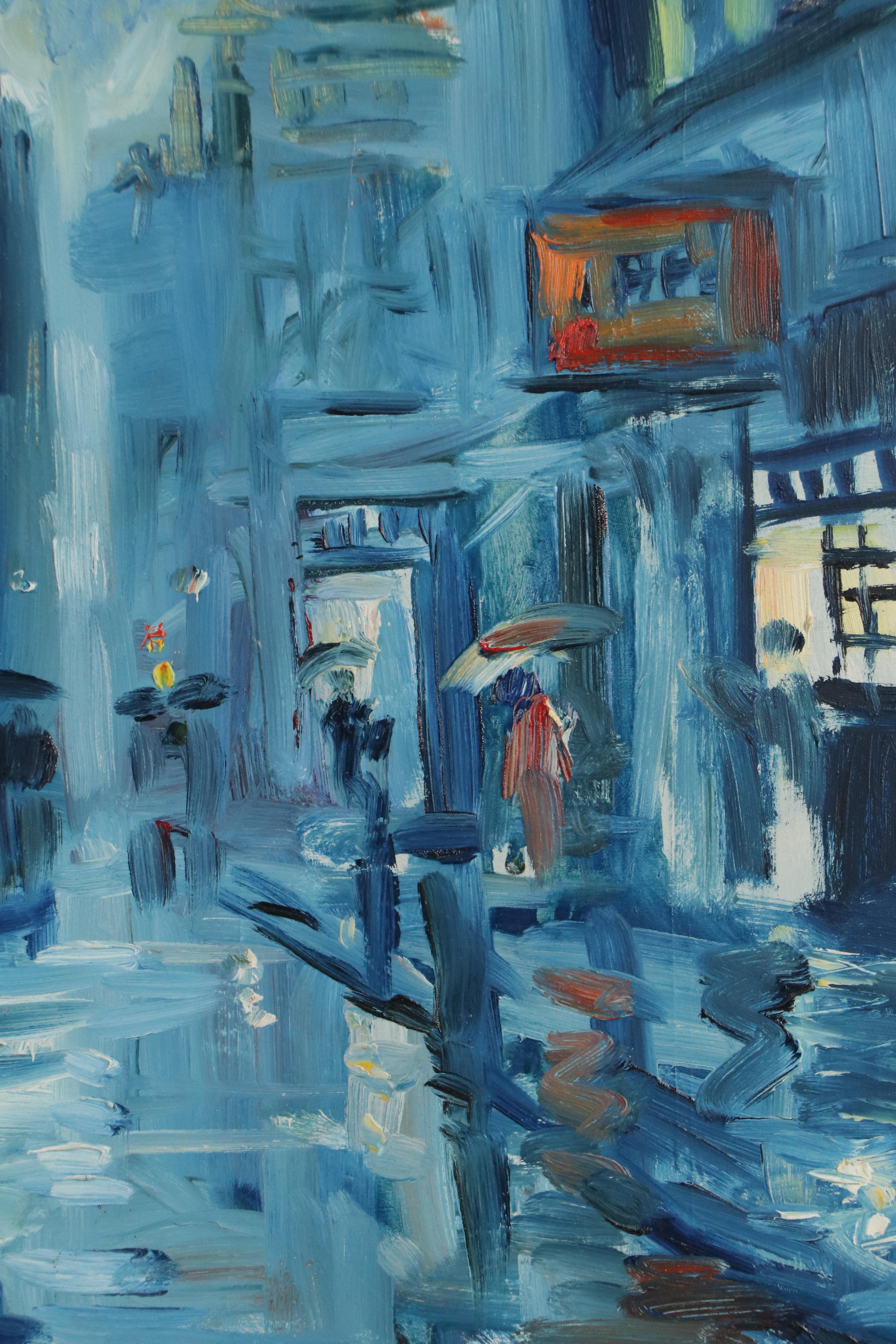 Impressionist Cityscape Oil Painting of Rainy Street Scene, Late 20th to 21st C.