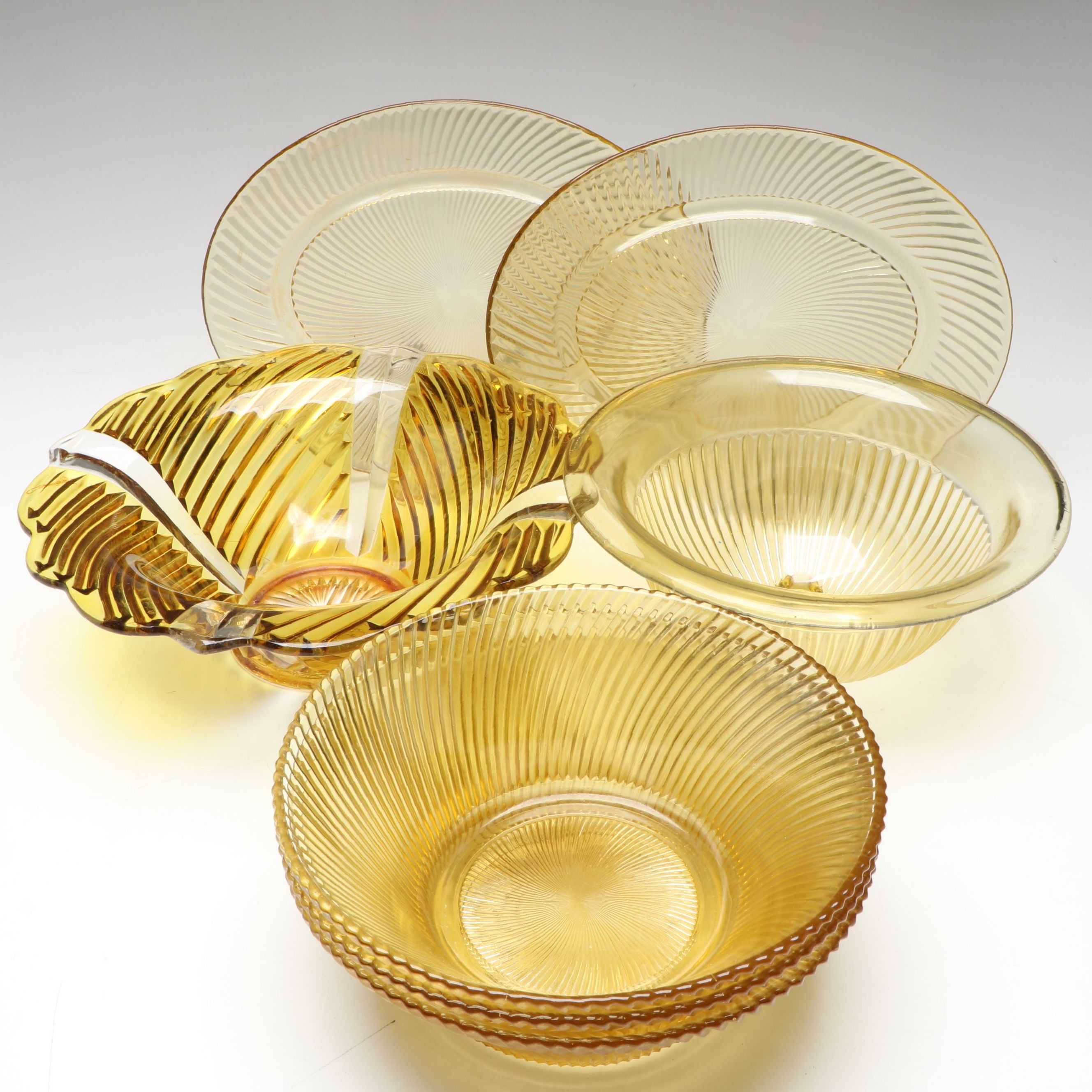 Federal Glass "Golden Glow" and Diana" Bowls and Platters with Centerpiece
