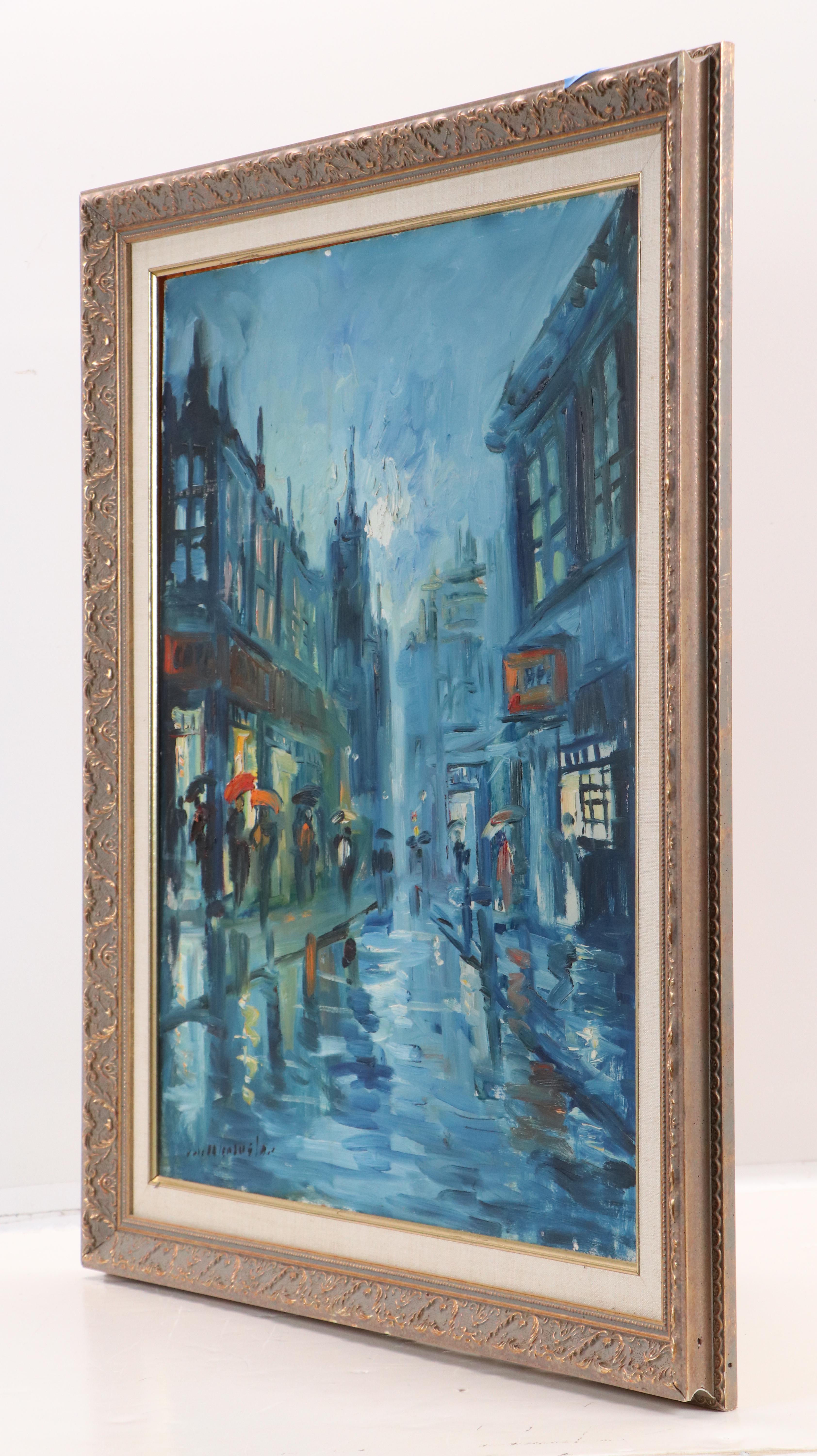 Impressionist Cityscape Oil Painting of Rainy Street Scene, Late 20th to 21st C.