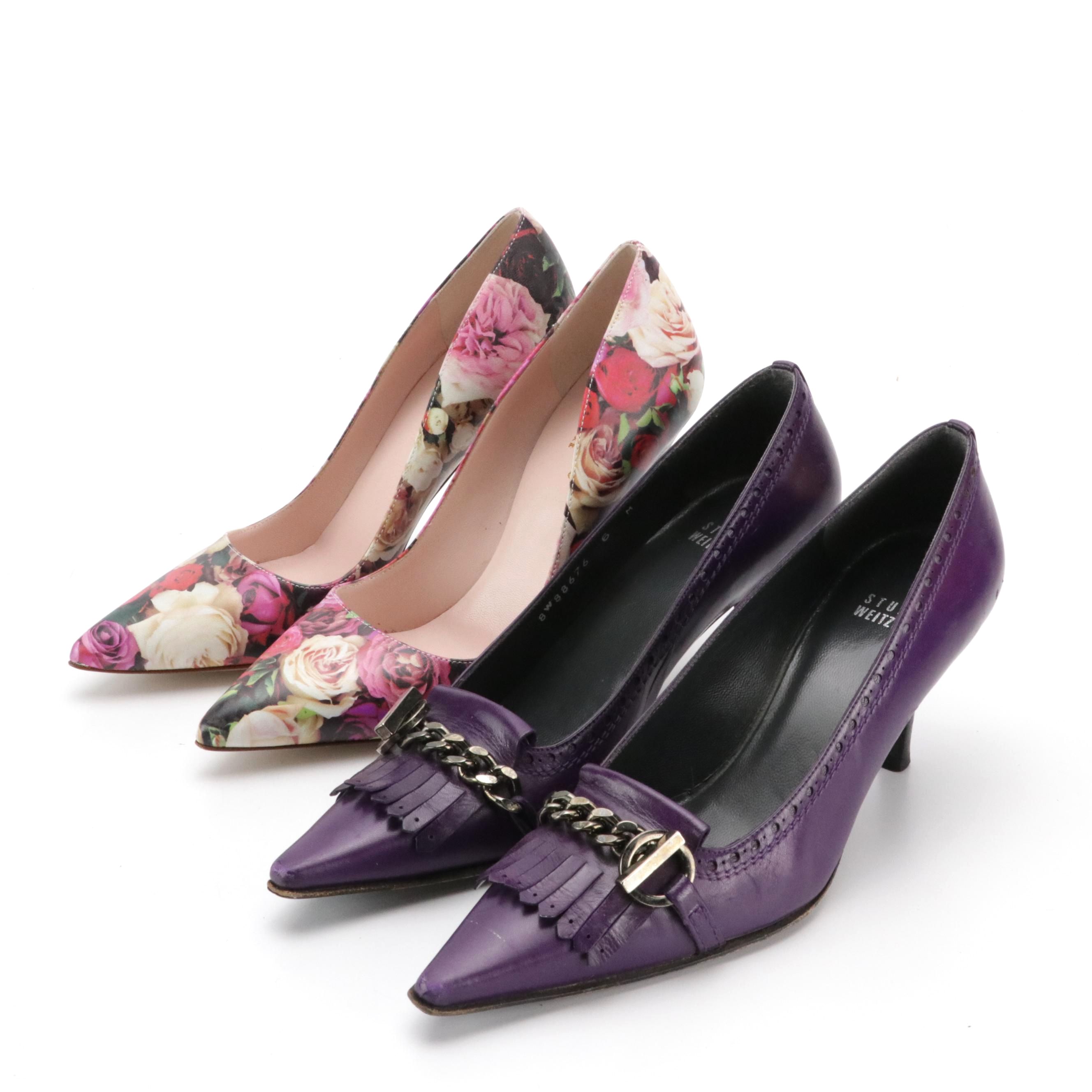 Stuart Weitzman "Kilt" Purple Kidskin Heels, Kate Spade "Licorice" Floral Pumps