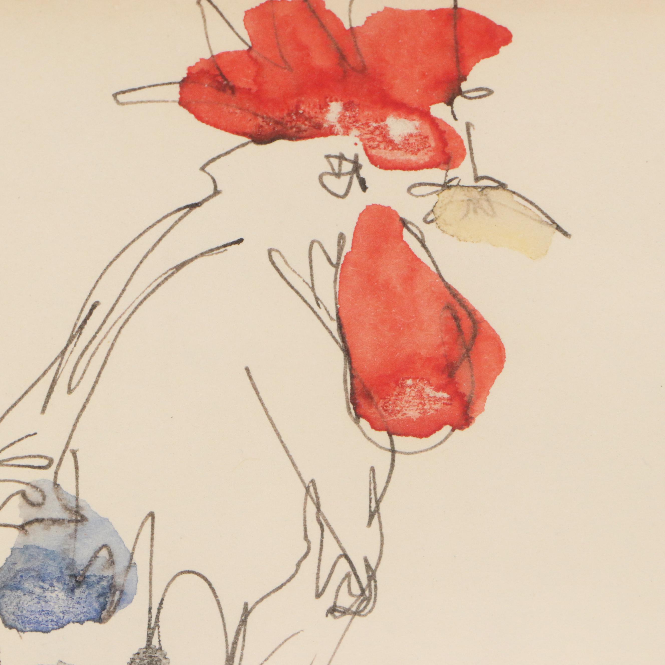 Deborah Shannon Watercolor and Ink Rooster, 1983