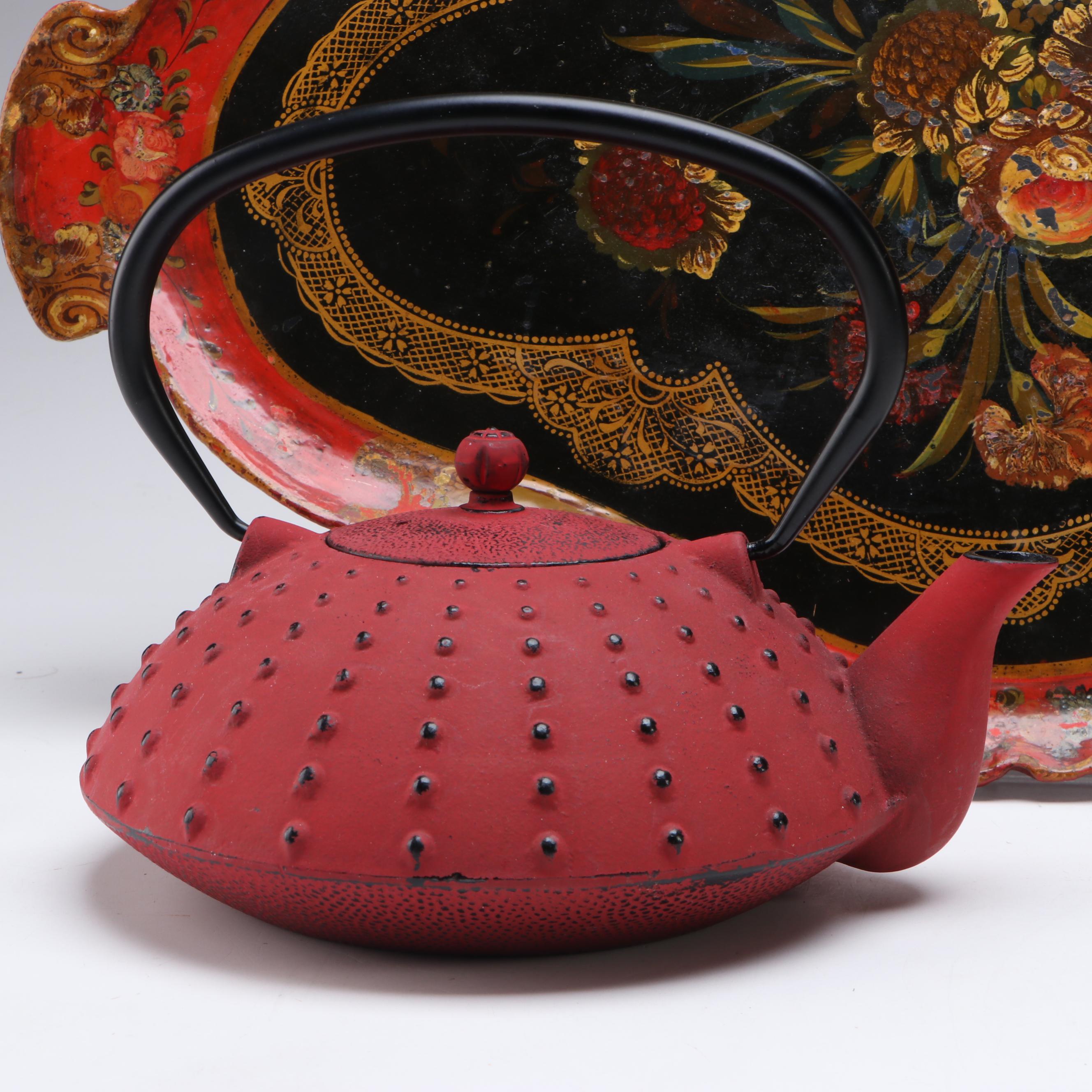 Japanese Cast Iron Tetsubin, Imari Style Planter, Lacquerware and More Décor