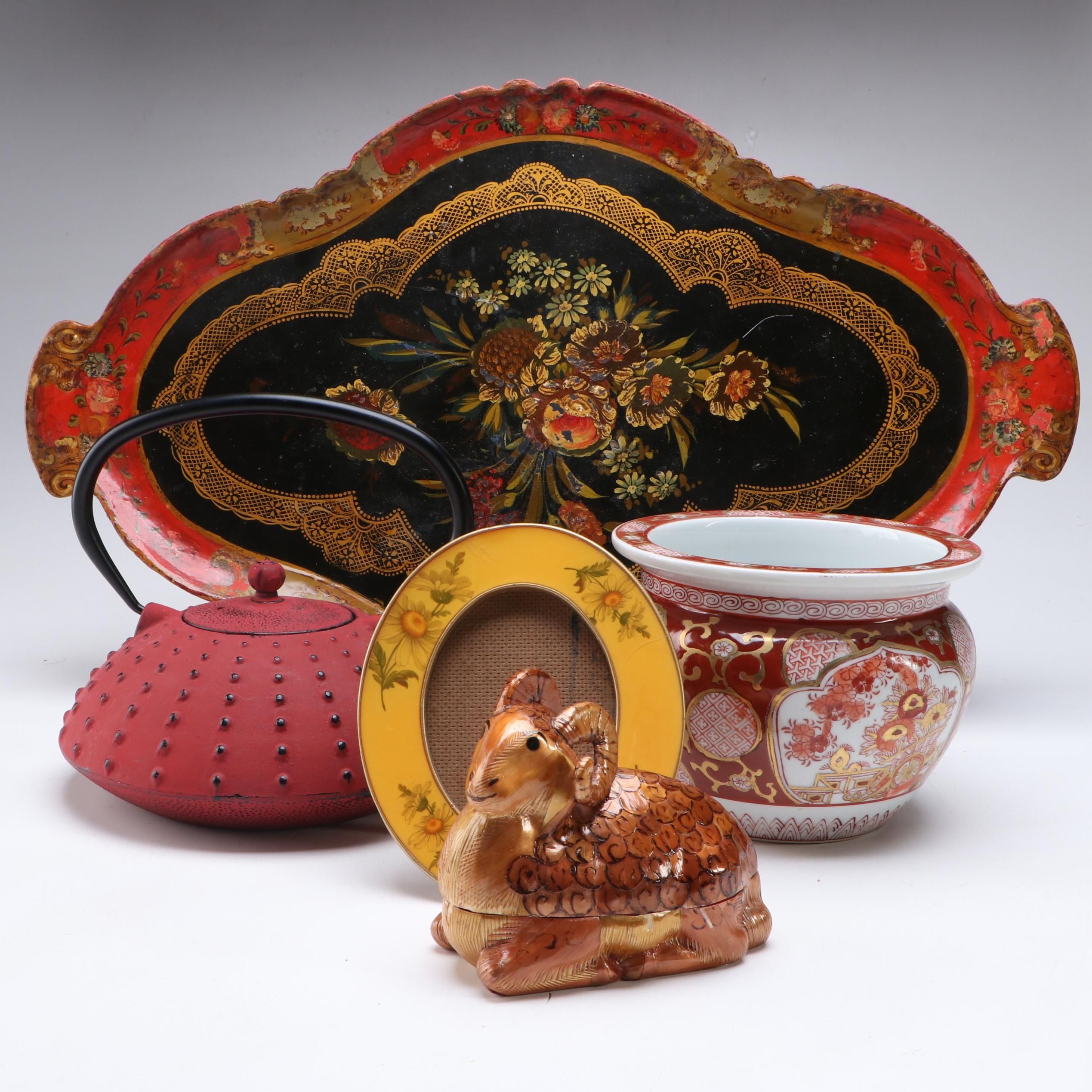 Japanese Cast Iron Tetsubin, Imari Style Planter, Lacquerware and More Décor