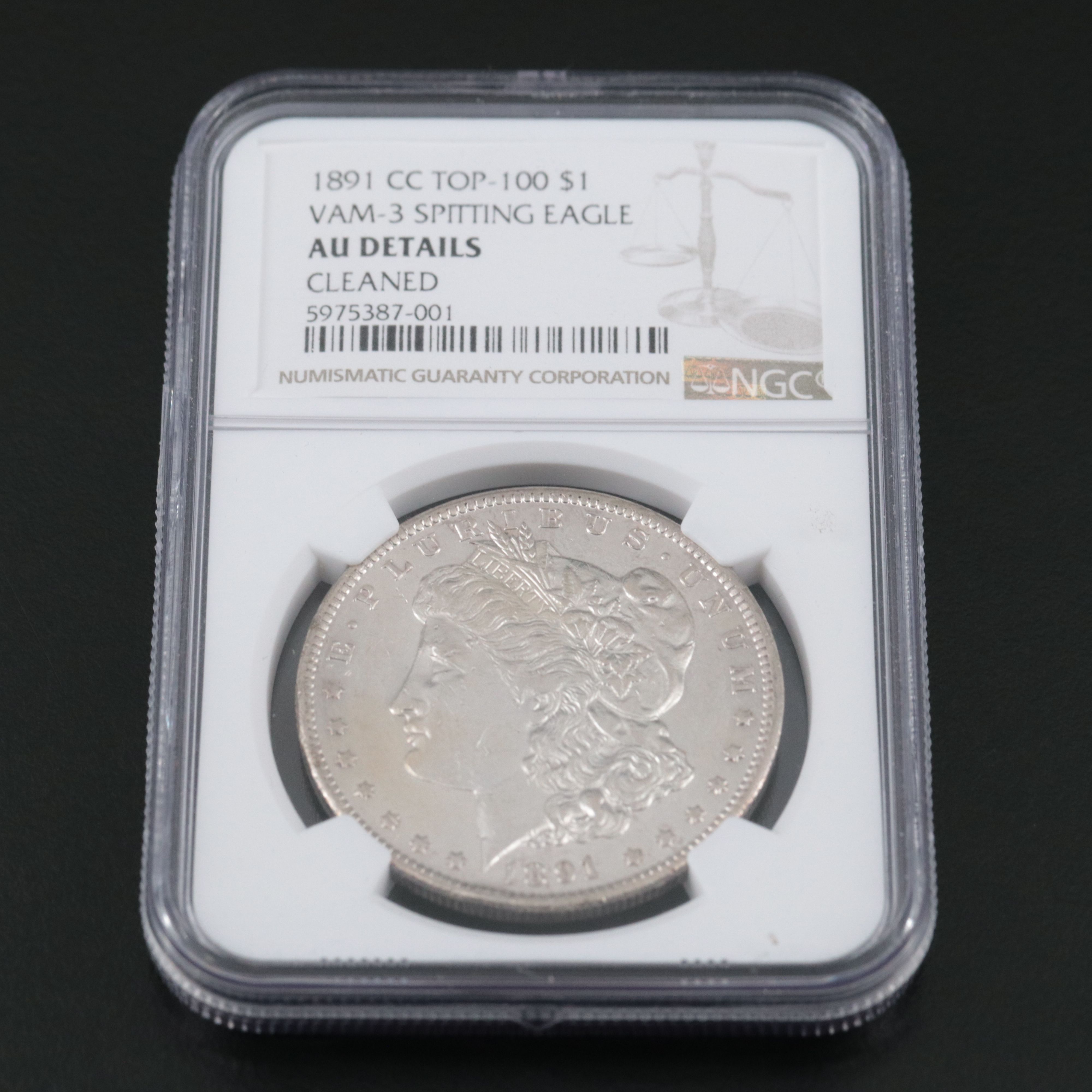 NGC AU Details 1891-CC Morgan Silver Dollar, VAM Spitting Eagle Variety