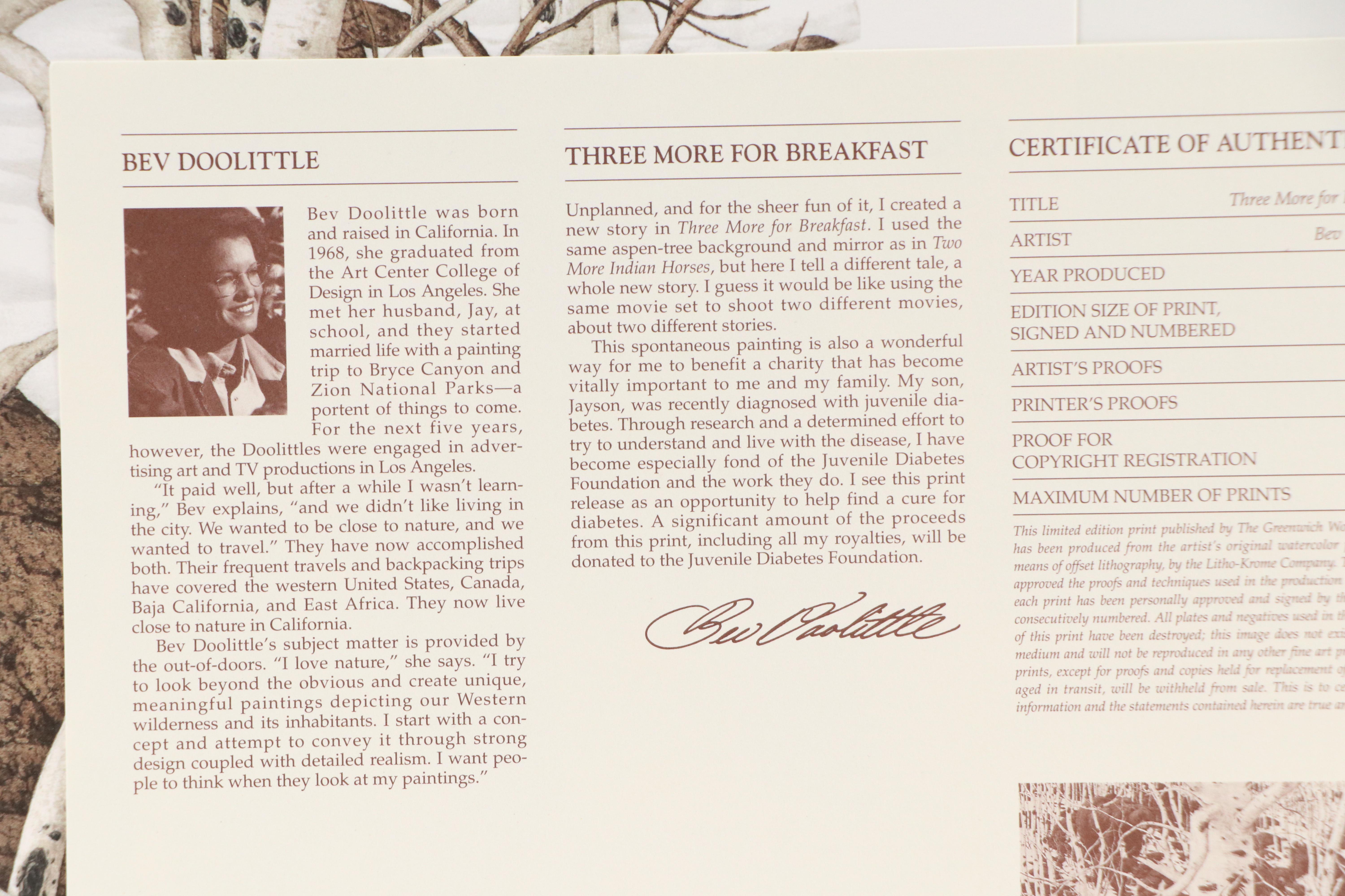 Bev Doolittle Offset Lithograph "Three More for Breakfast," 1996