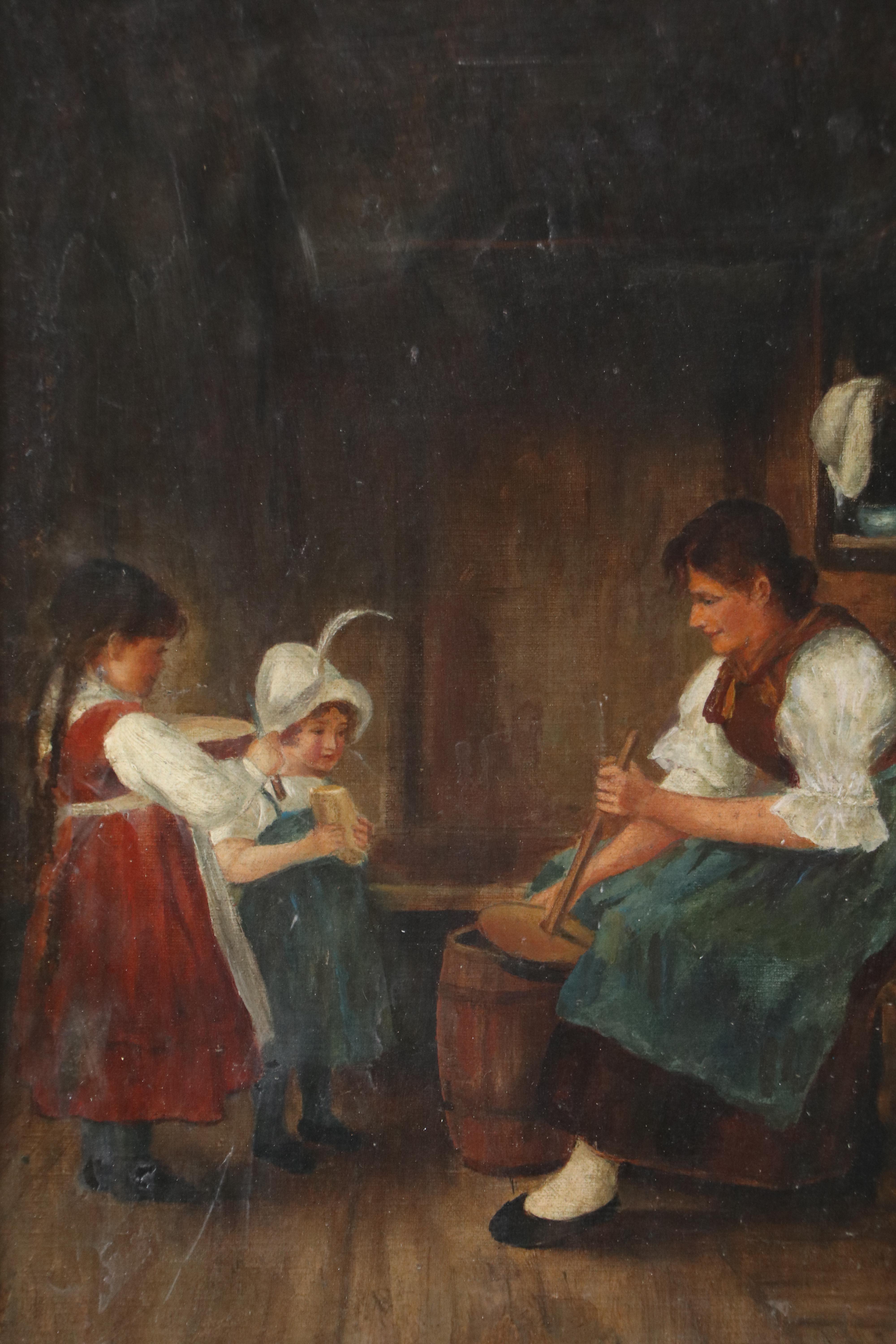 M. Gorman Genre Oil Painting of Mother, Children, and Butter Churn, 19th C.