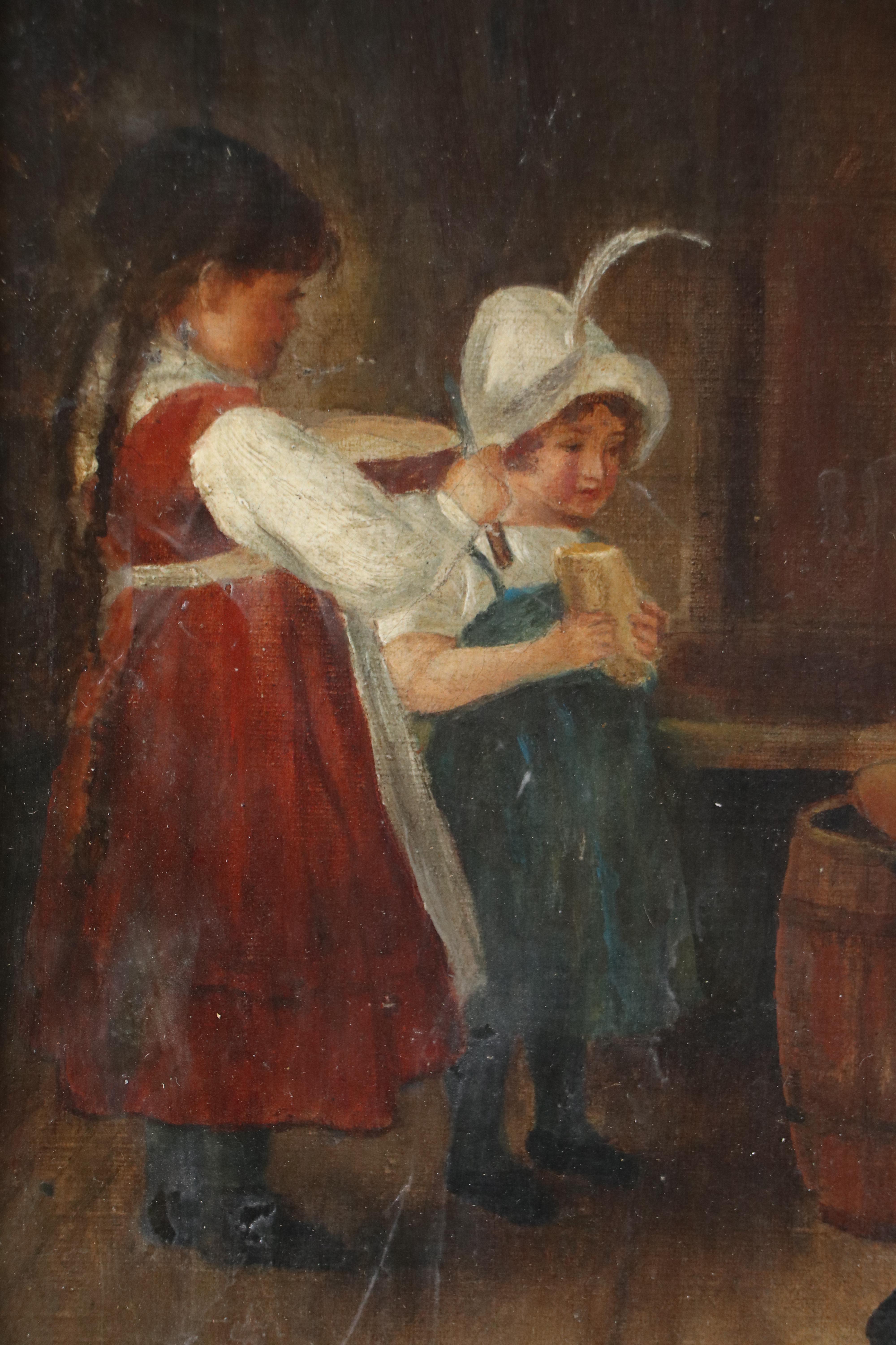 M. Gorman Genre Oil Painting of Mother, Children, and Butter Churn, 19th C.