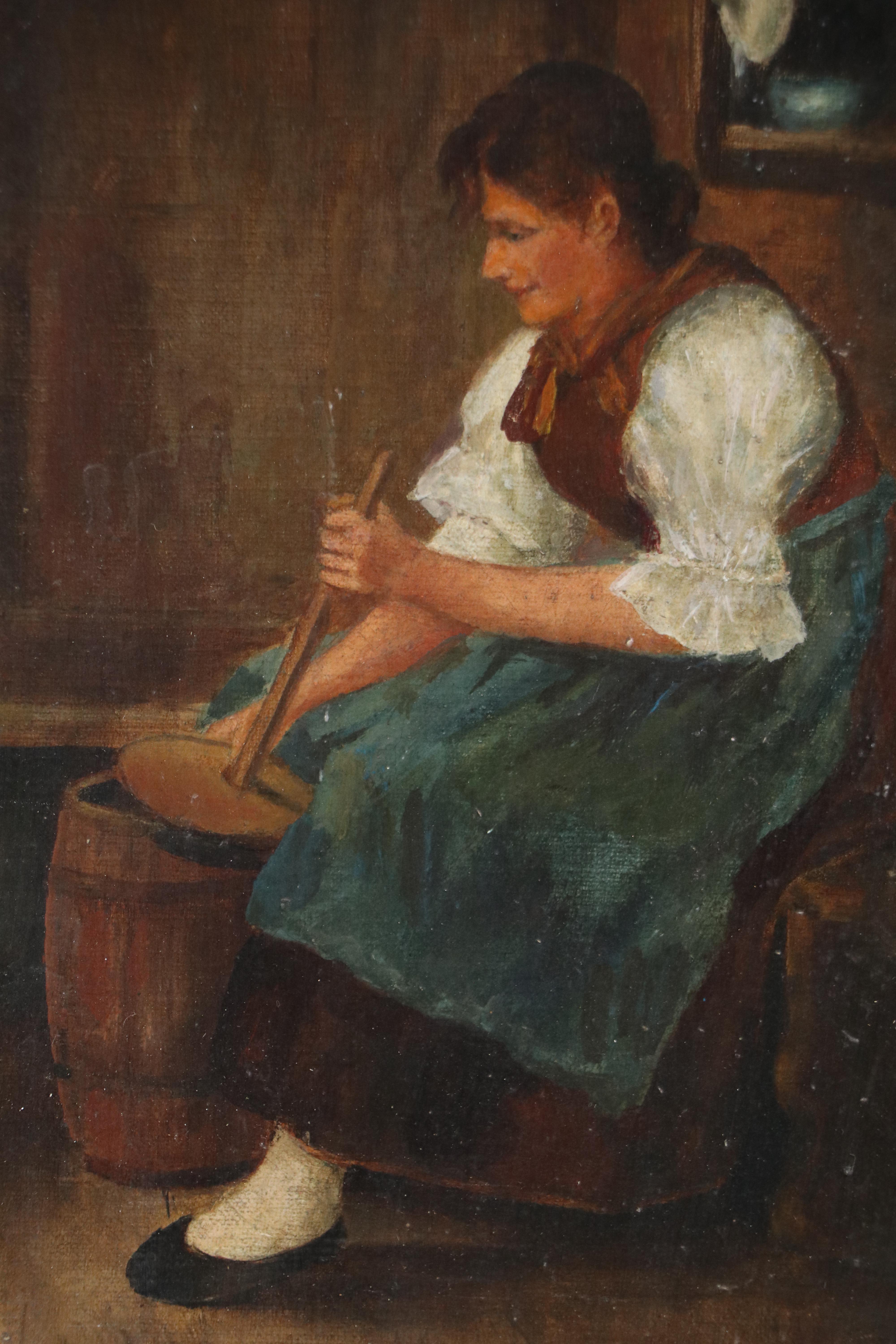 M. Gorman Genre Oil Painting of Mother, Children, and Butter Churn, 19th C.