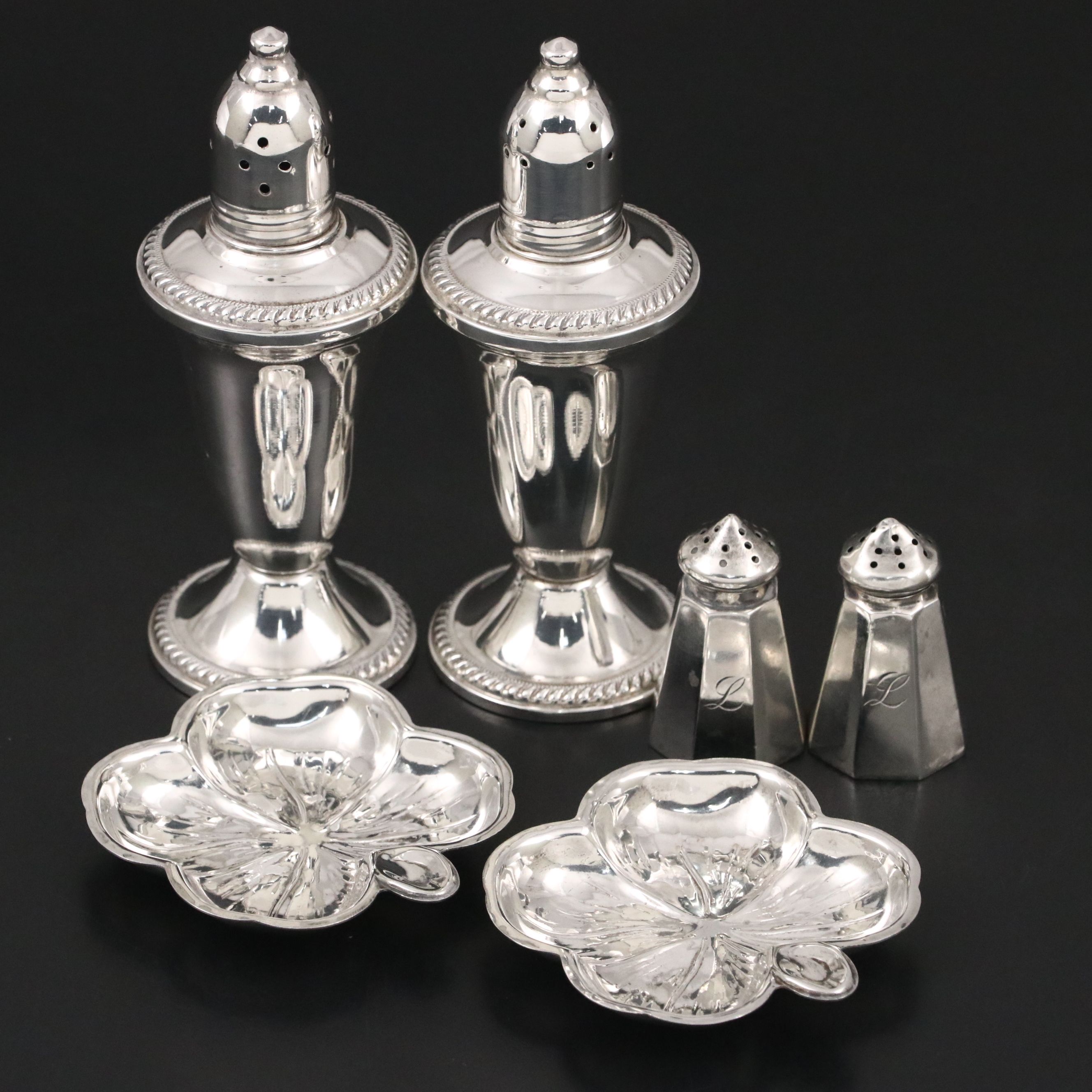 Webster and Duchin Sterling Salt and Pepper Shakers with Lenox Nut Dishes