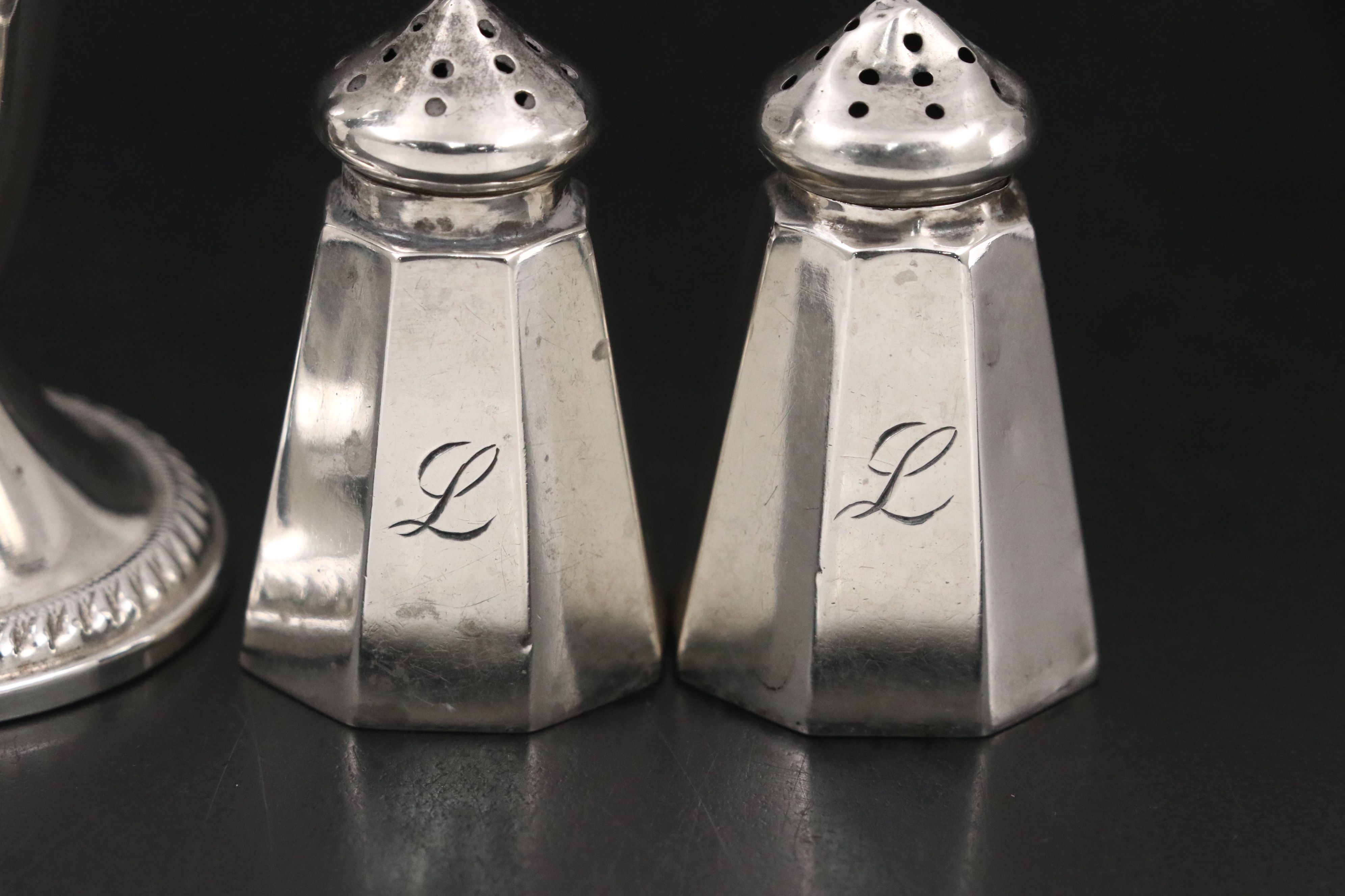 Webster and Duchin Sterling Salt and Pepper Shakers with Lenox Nut Dishes