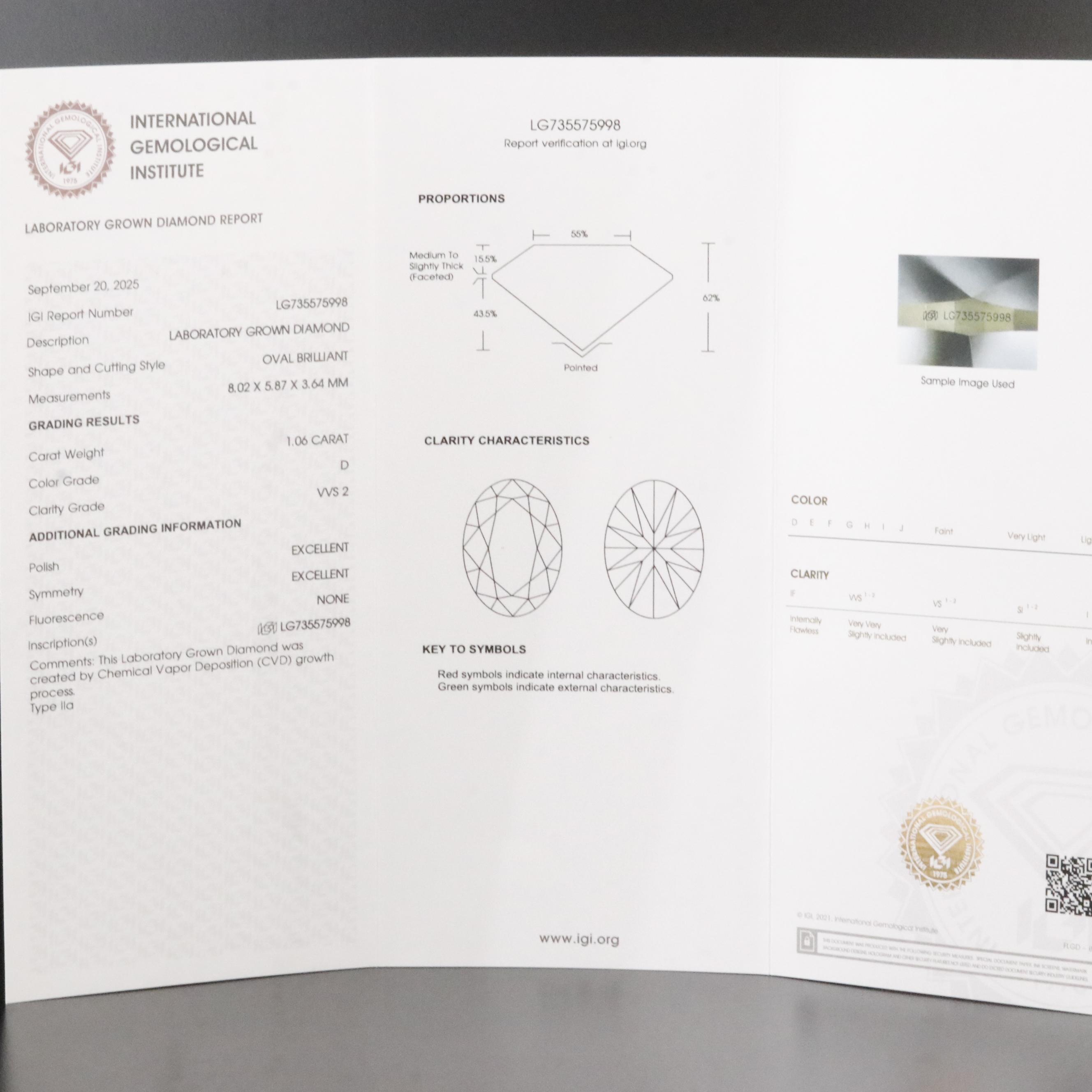 Loose 1.06 CT Lab Grown Diamond with IGI Report