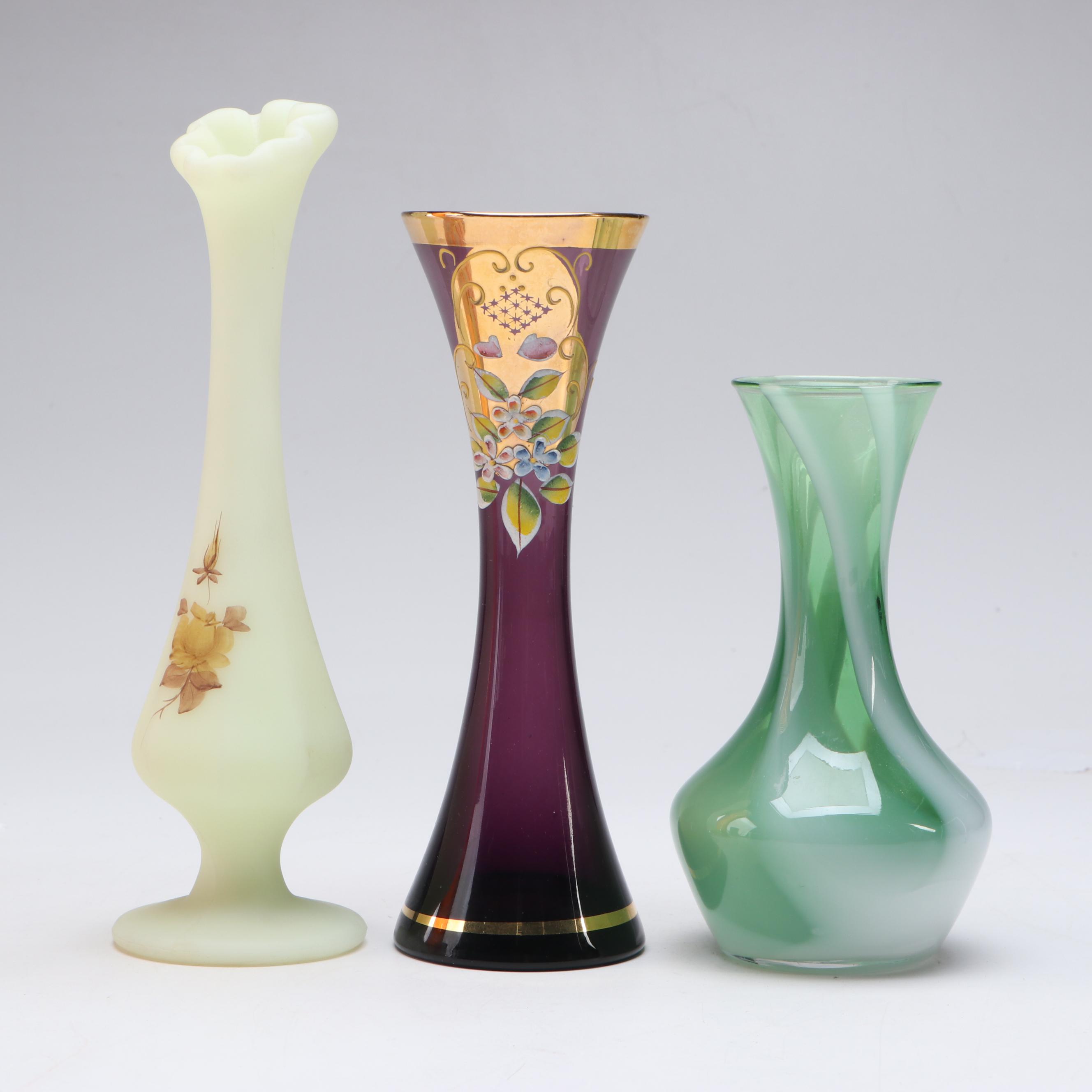Fenton Hand-Painted Uranium Glass Bud Vase and Other Art Glass Vases
