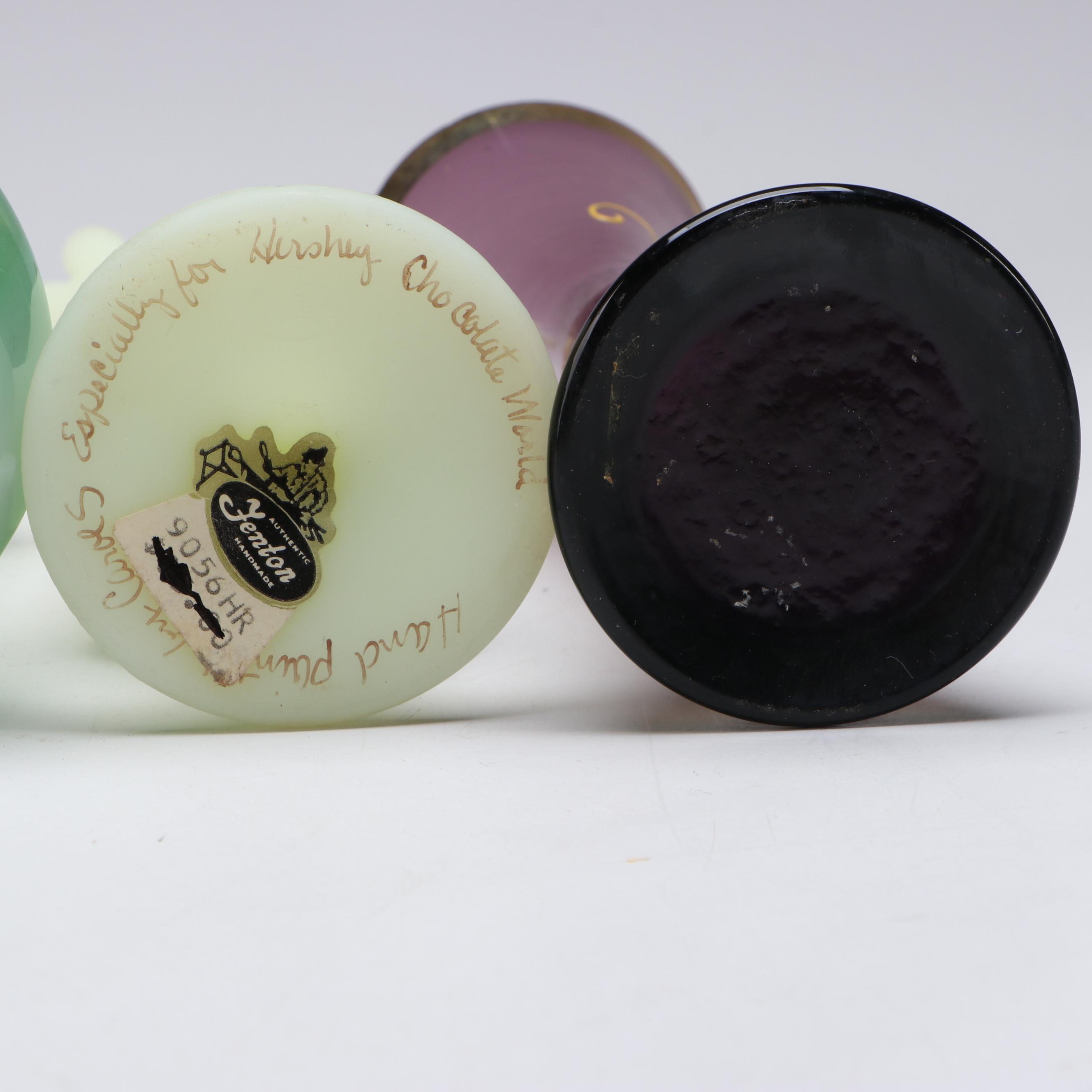 Fenton Hand-Painted Uranium Glass Bud Vase and Other Art Glass Vases