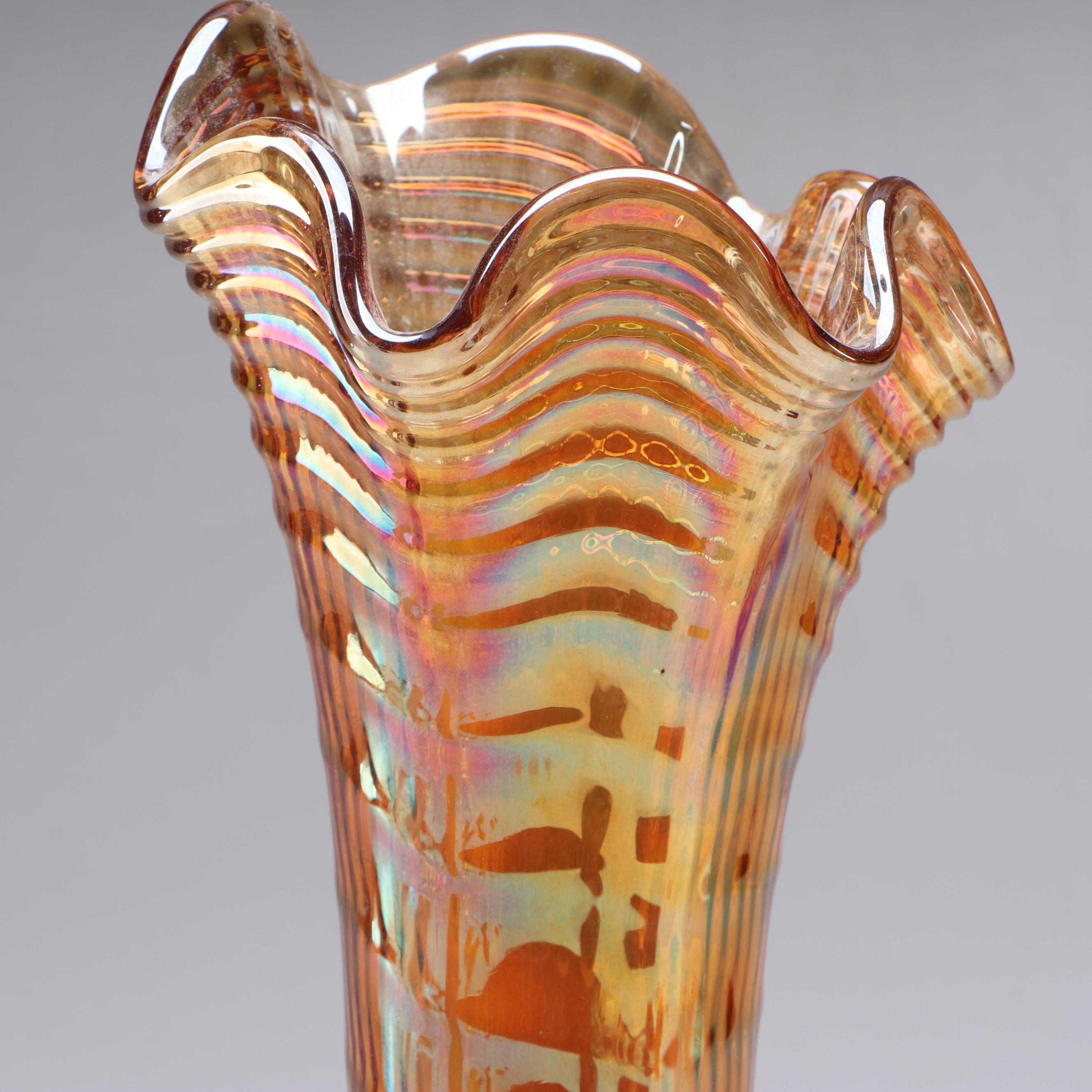 Fenton Hand-Painted Uranium Glass Bud Vase and Other Art Glass Vases