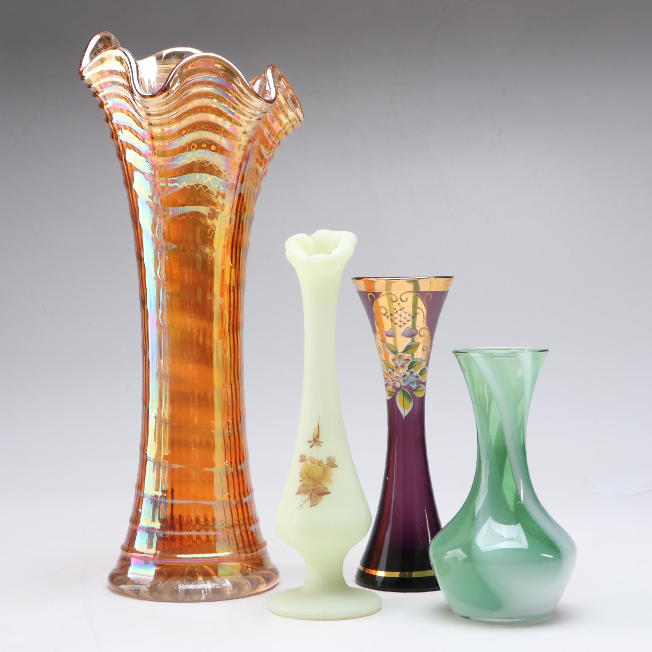 Fenton Hand-Painted Uranium Glass Bud Vase and Other Art Glass Vases