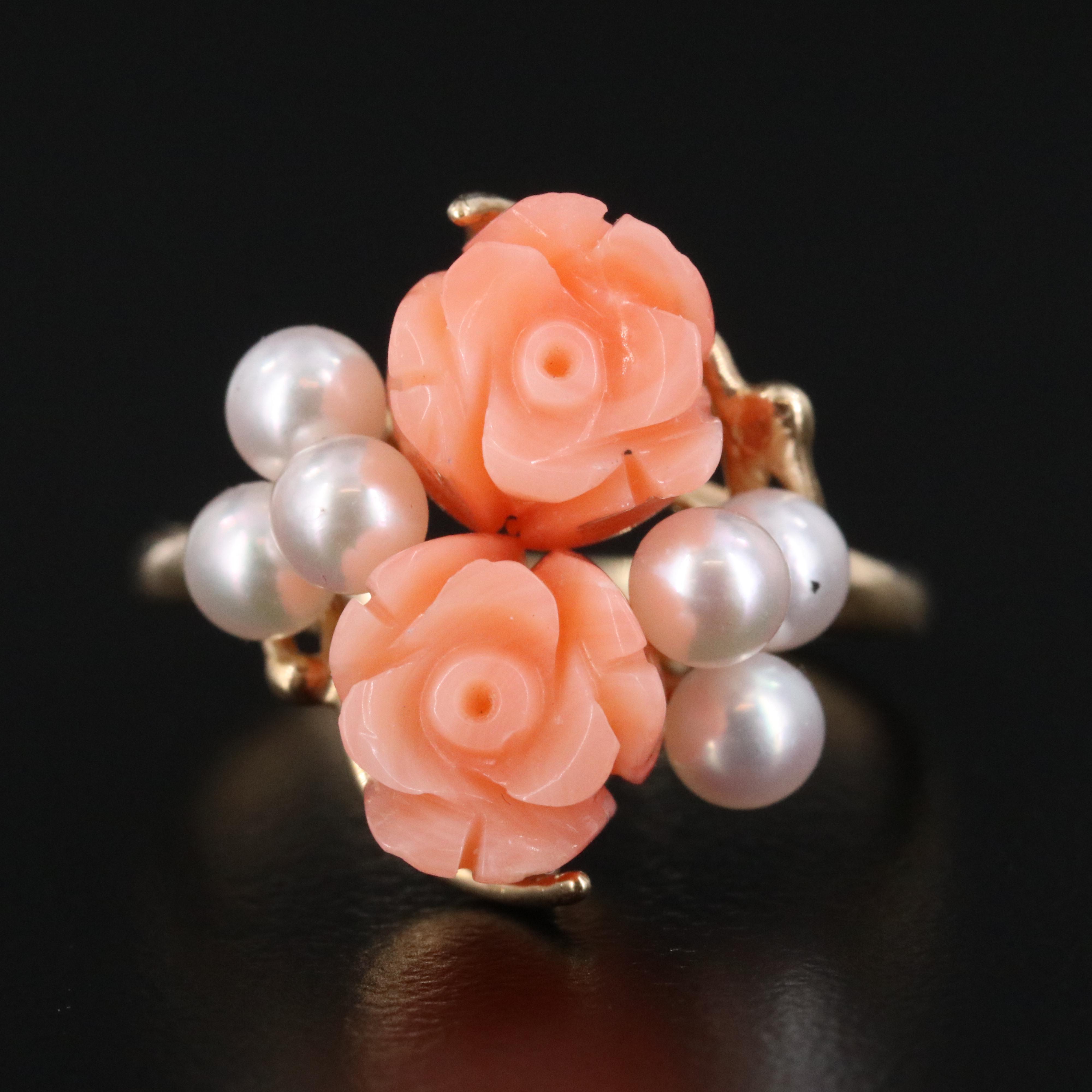 14K Coral Rose and Pearl Ring